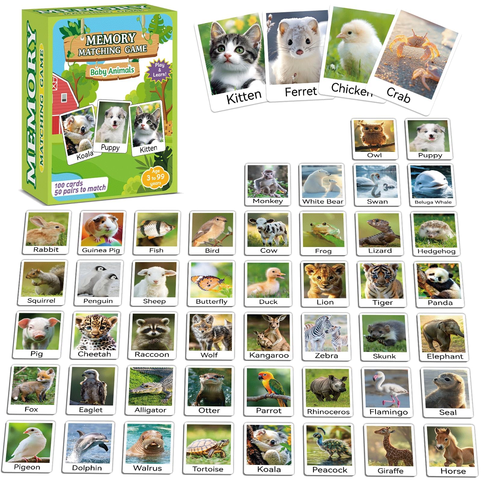 gisgfim 50 Pairs Memory Matching Game Animal Babies Concentration Memory Card Educational Game for Kids Adults A Fun & Fast Baby Animals Game Toddlers Preschool Family Board Gift Matching Games