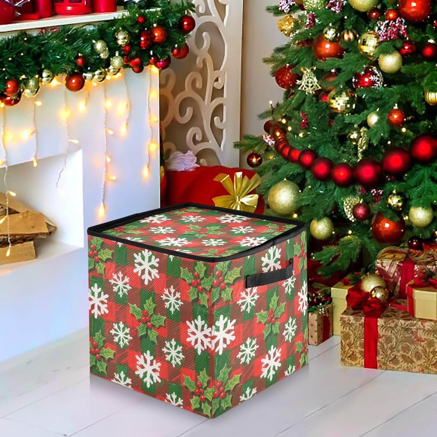 High Capacity Christmas ornament organizer Holds Up to 64, Adjustable Dividers, Zippered Top, Two Handles Large Holiday Storage Case with Lid,Merry Christmas White Snowflakes Holly