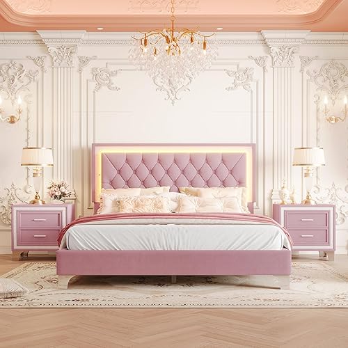Flieks Bedroom Sets, 3-Pieces Bedroom Sets, Queen Size Upholstered Platform Bed with LED Lights and 2 Nightstands, Pink