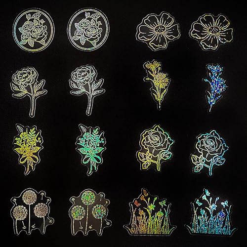 Miniatura 2 de Calcomanías holográficas de flores con purpurina (100 piezas), calcomanías grandes transparentes impermeables, calcomanías decorativas para álbumes