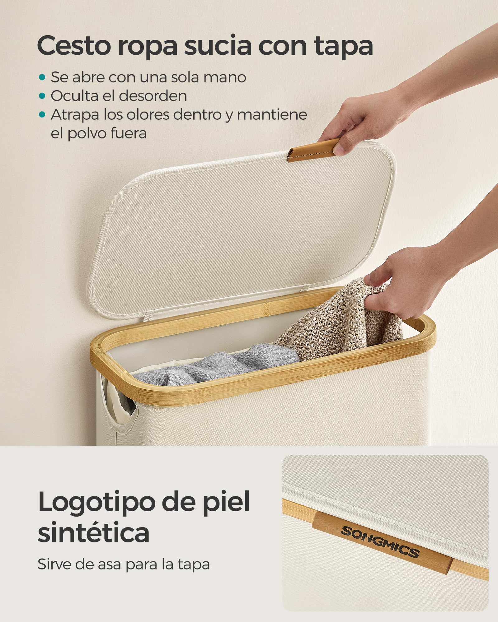SONGMICS Cesto de Ropa Sucia con Tapa, Cesta Ropa Sucia Delgada, 65 L, Ahorra Espacio, Forro de Malla Extraíble, Tejido Oxford, Asas Bambú, Plegable, 42 x 22,5 x 70,5 cm, Blanco Crema LCB506W01