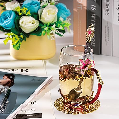 Vista 90 de Taza de té de flores, taza de café de cristal transparente con cuchara, caja de regalo para su madre, esposa, abuela, niñas, amigos, San Valentín