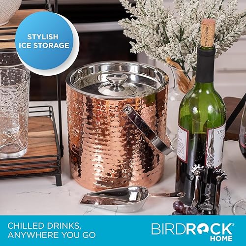 Miniatura 9 de BIRDROCK HOME Cubo de hielo con cuchara y tapa, 2.8 litros martillado de acero inoxidable 188 con aislamiento de doble pared con asa de transporte,