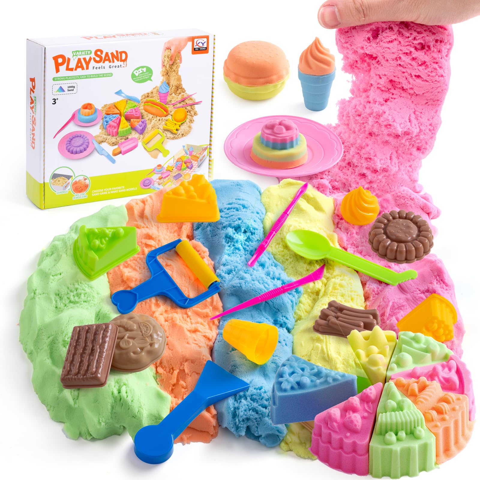 Crelloci Magic Sensory Sand Food Play Kit for Kids, 1000g Sand with Burger, Hot Dog, Cake & Ice Lolly Molds, Pretend Kitchen Toy Set with Tools for Ages 3+