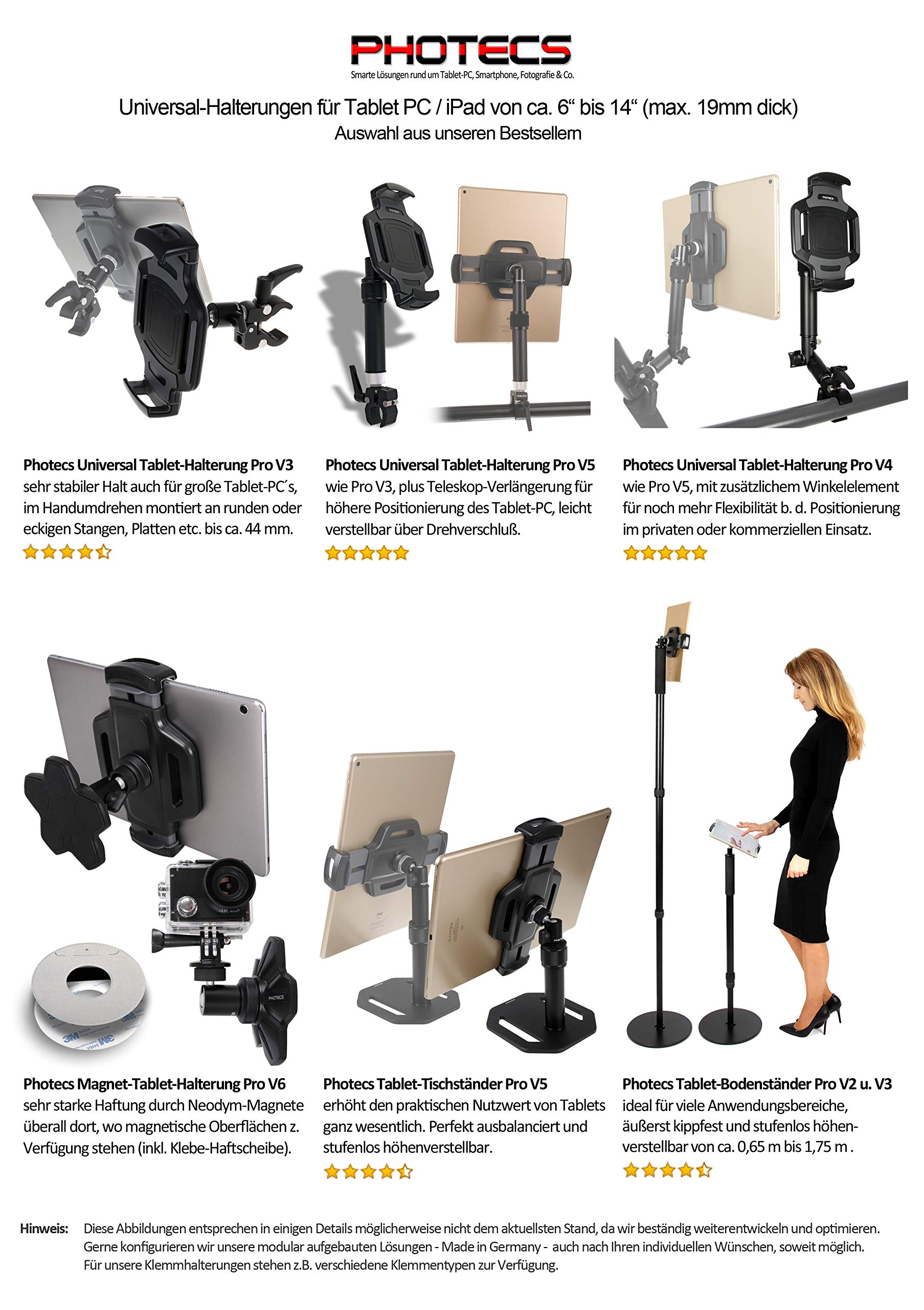 Universal Tablet-Halterung Pro V1B, Halter f. iPad Pro 12,9" oder andere Tablets und Smartphones von 5" bis 14 Zoll, Befestigung von Tablet-PC als Monitor an Stativ, Mikrofon-Ständer etc.