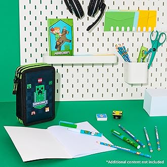 Minecraft Pencil Case Kids Teens Filled with Gamer Stationery Set School Supplies Creeper Pen Case Multiple Compartments Drawing Writing Colouring Set (Black AOP)