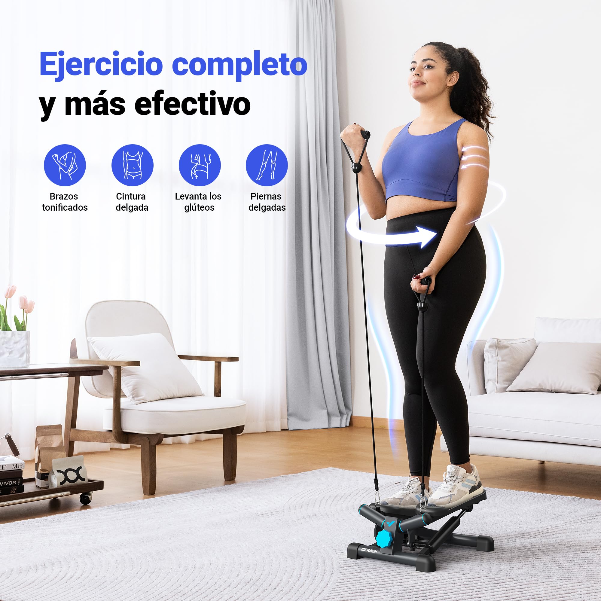 MERACH Stepper 2 en 1 para el Hogar, Silencioso, Mini Stepper de 150 kg, con Monitor LCD, Escalón de Balanceo hacia Abajo con Power Ropes para Entrenamiento de Pierna/Brazo/Glúteos, Home Office