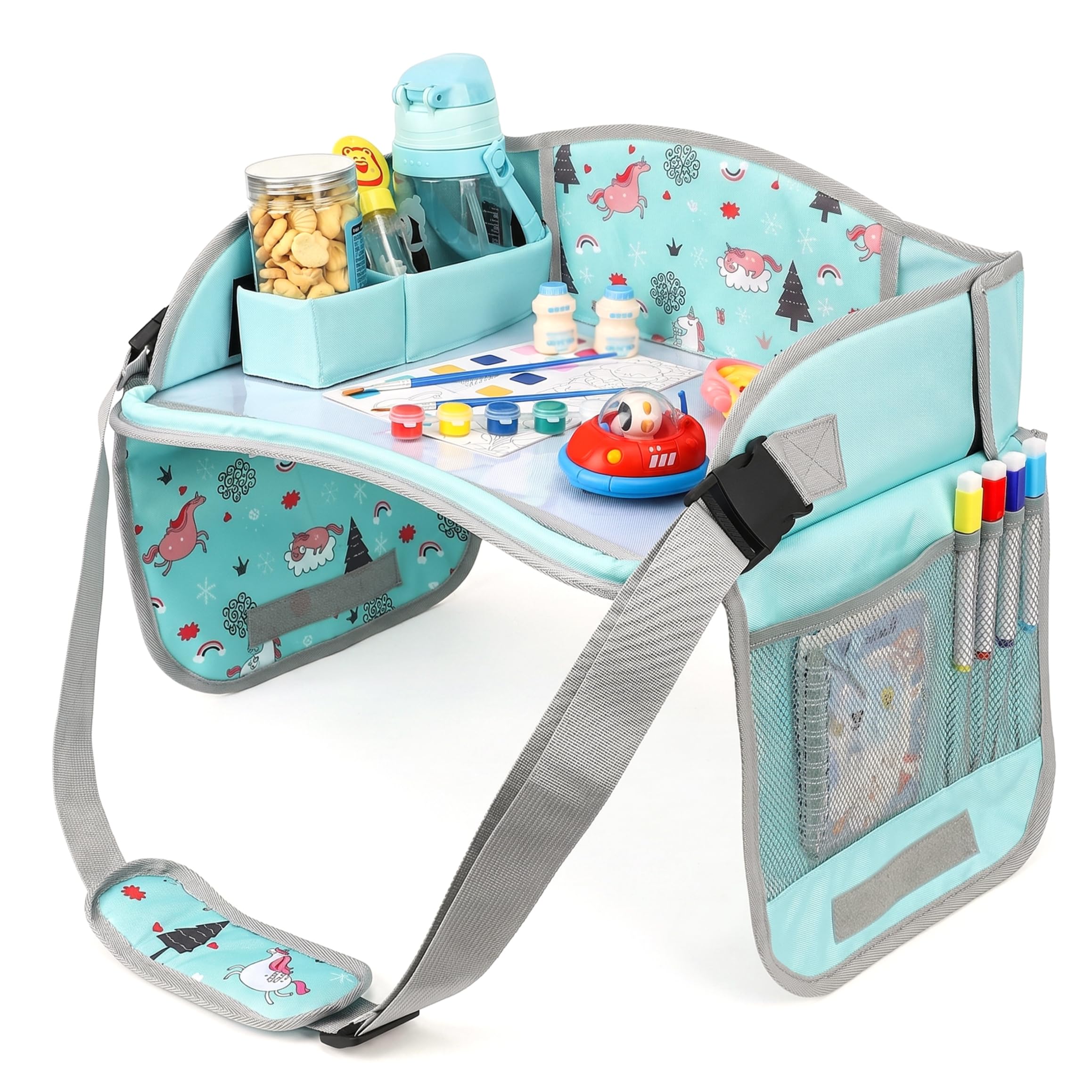 Vassoio da viaggio per seggiolino auto per bambini, tavolo per seggiolino auto Vassoio artistico pieghevole con tasche portaoggetti per scrivere, dipingere, giocare, verde