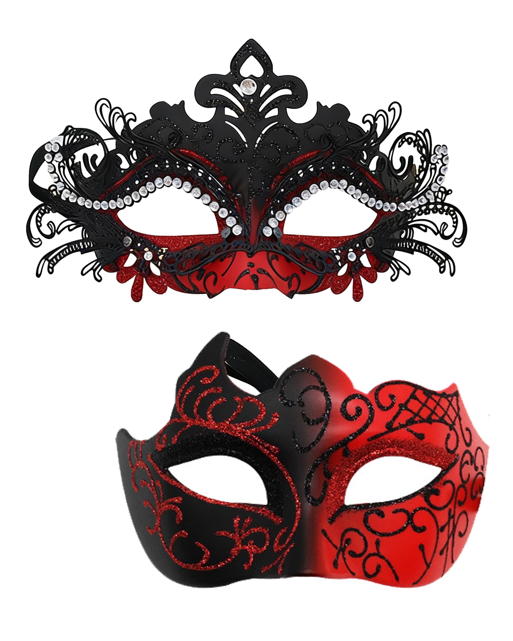 HeHeGe Couple Masquerade Masks with Shiny Rhinestone Venetian Party Mask Halloween Costume Carnival Mask New Year Party Christmas for Couples Women and Men (Red)