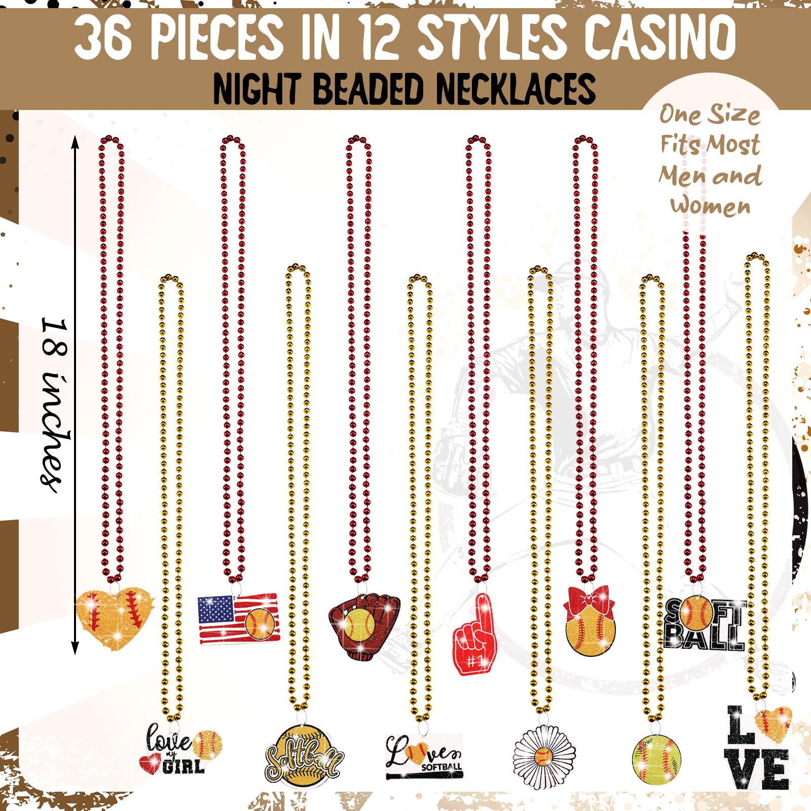 Nosiny 48 Pcs Softball Bead Necklaces Bulk Beaded Sports Party Favors Sports Fan Necklaces and Pendants for Adults Team Decorations Accessories Supplies Gifts Softball