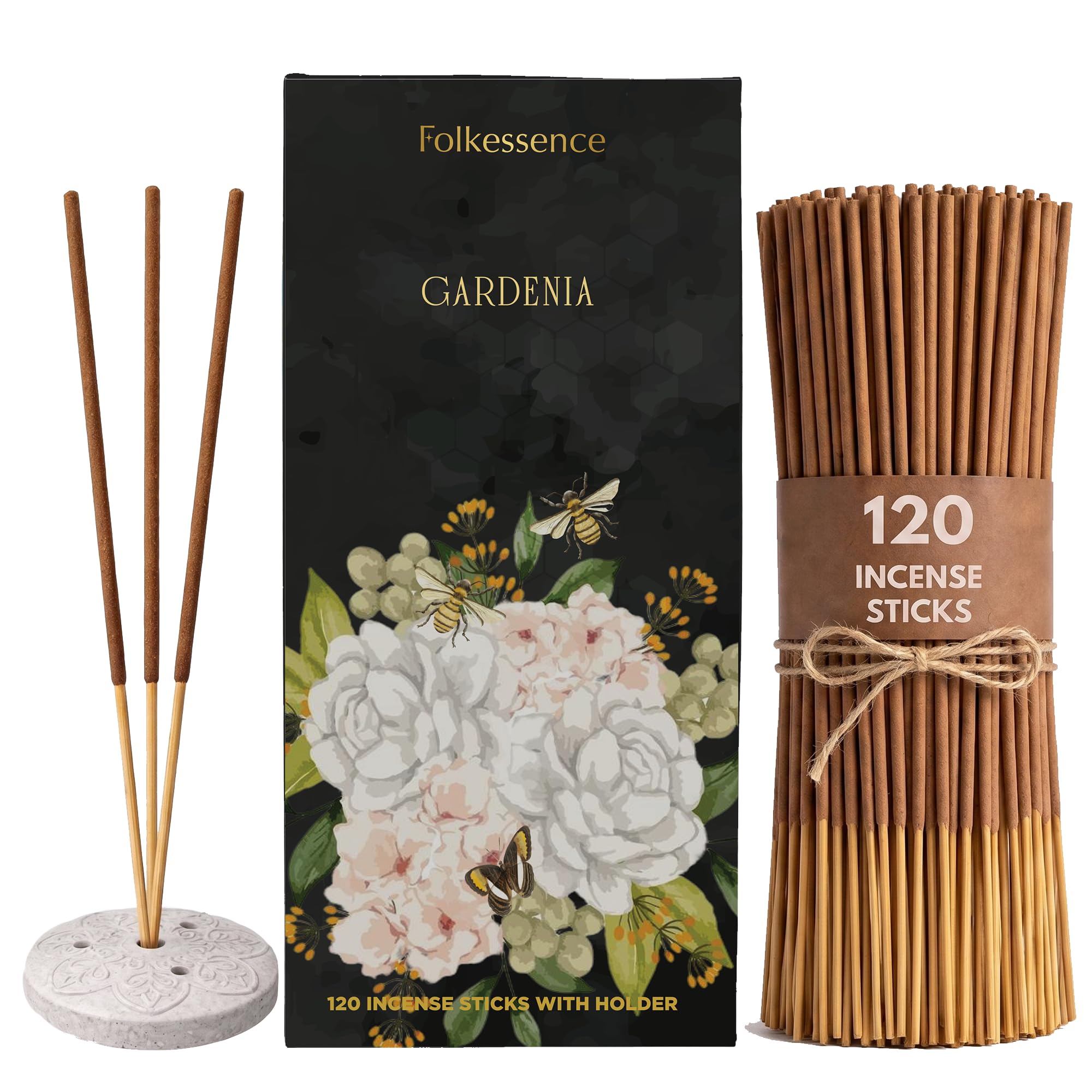 Folkulture Incense Sticks with Holder (120 Sticks) | Gardenia 2.0 Incense for Home & Aromatherapy | Long Burning, Charcoal-Free, Non-Toxic Incense for Relaxation & Summer Vibes | Home Decor Gifts