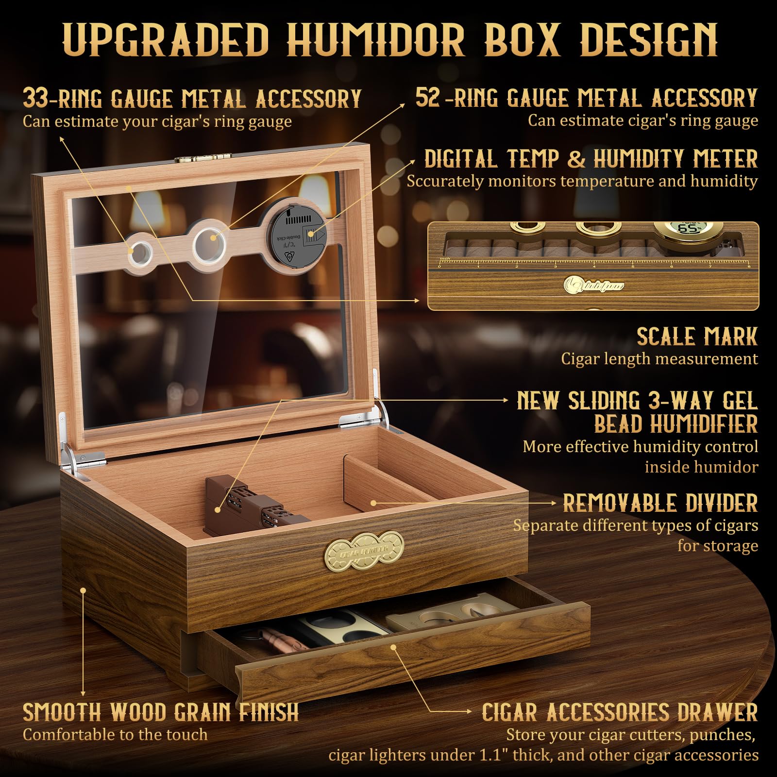 LIHTUN Cave à cigare, étui à cigares de bureau avec hygromètre numérique, humidificateur, tiroir d'accessoires de cigare, tiroir et échelle de mesure, boîte à cigares pour homme (Ch-2)