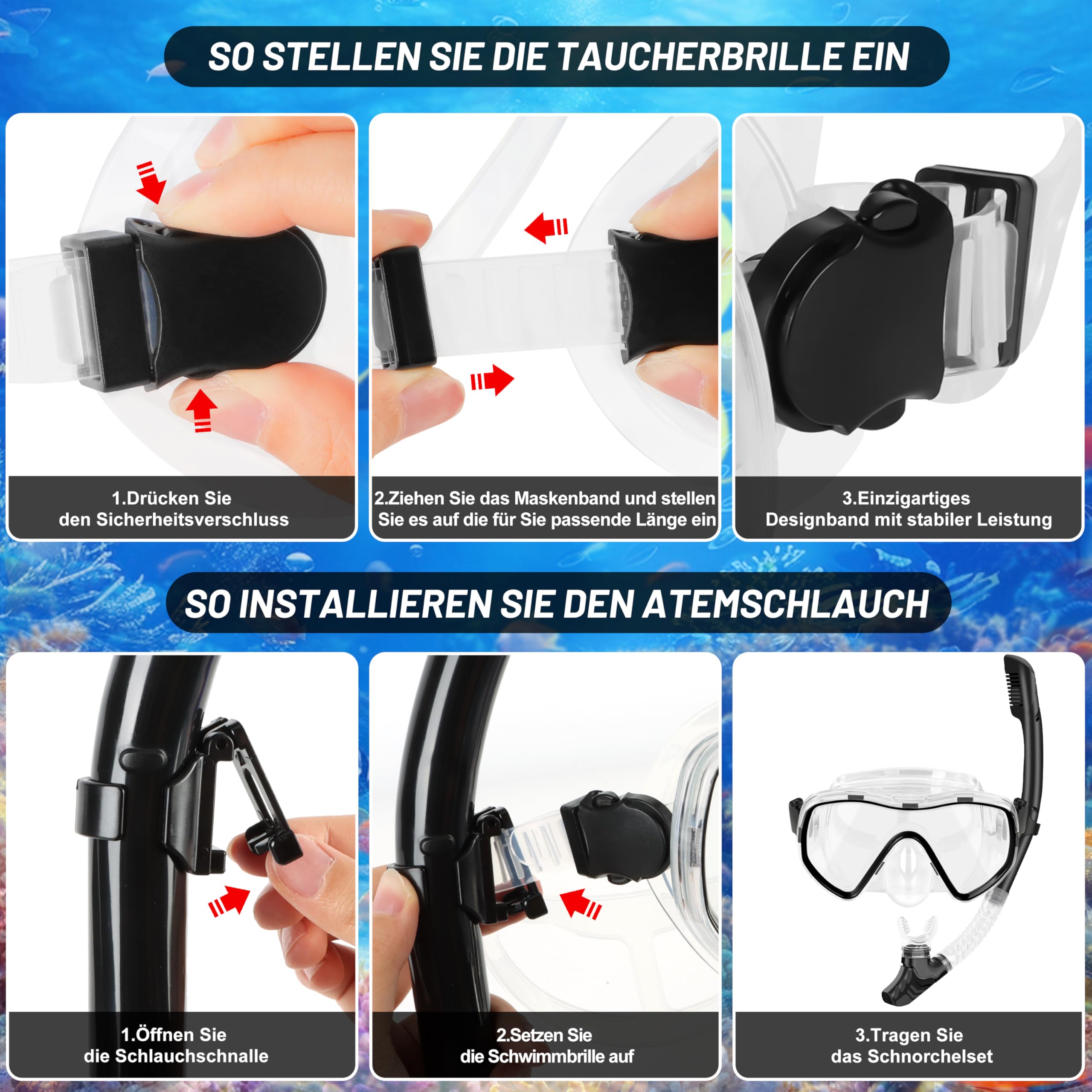 IEEILULU Schnorchelset Erwachsene, 7-teiliges Schnorchelausrüstung mit Anti-Fog Taucherbrille, Flossen, Trockenschnorchel, wasserdichte Handyhülle Ohrstopsel und Tragetasche