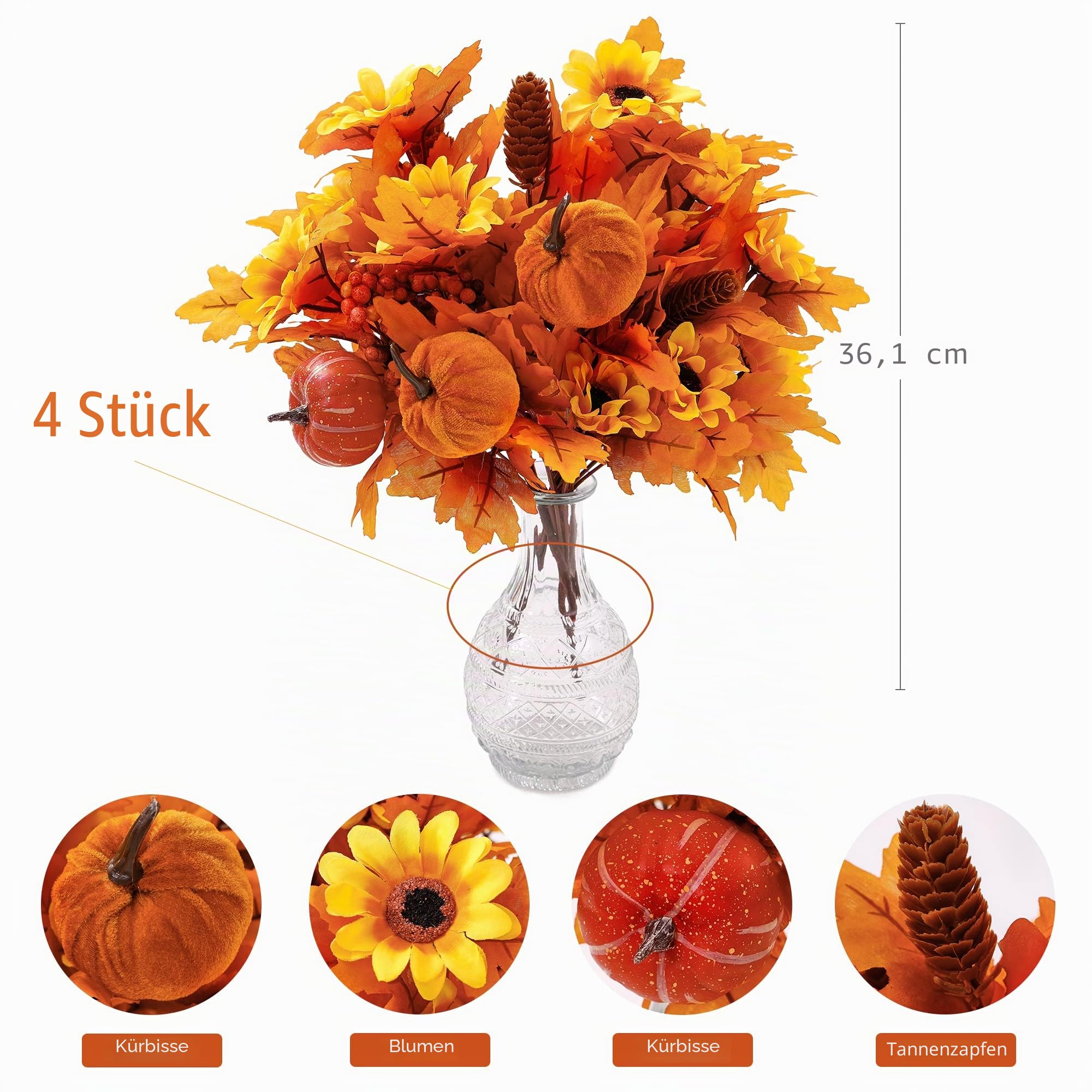 PARTY JOY 4 Stück Künstliche Kürbis-Zweige mit Ahornblättern, Beeren und Sonnenblumen, Künstliche Blumen, Herbstzweige für DIY-Dekoration
