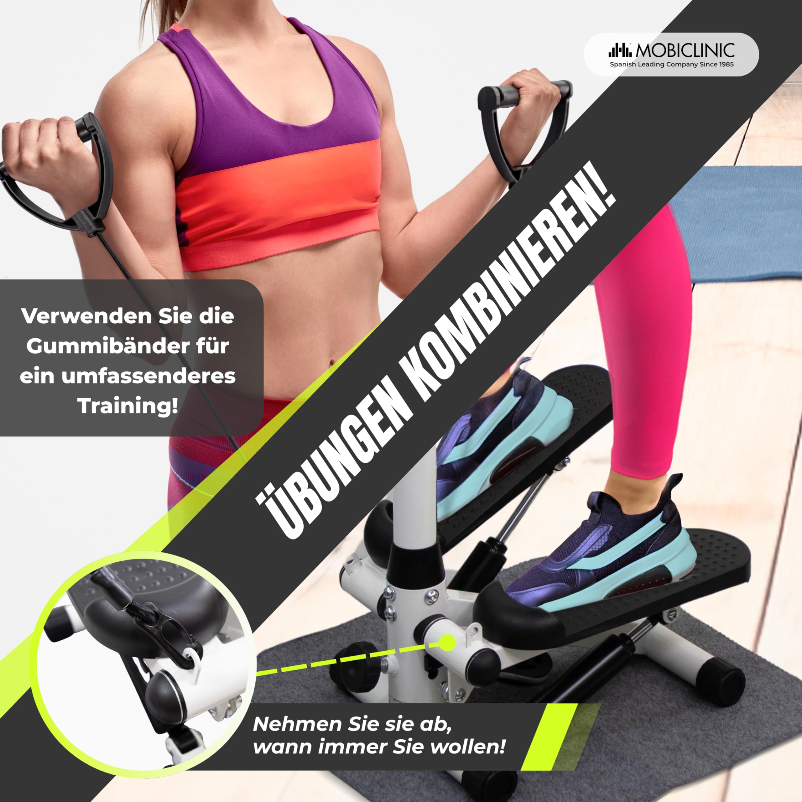 Mobiclinic®, Stepper mit Lenker, Höhenverstellbar, LCD-Monitor, Einstellbare Intensität, rutschfeste Pedale, Step-by-Step-Maschine, Kompakt, Heimtraining, Step-Pro
