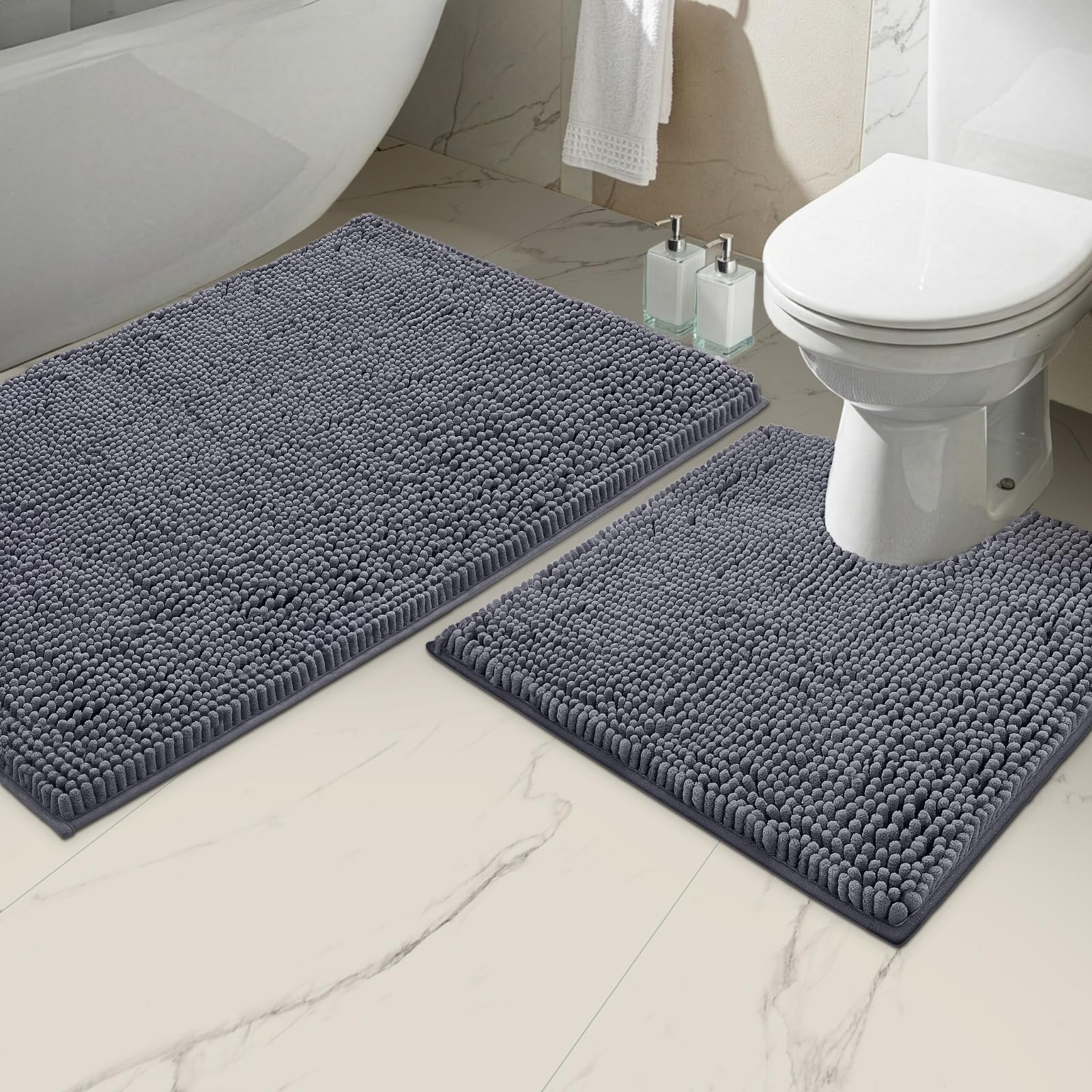 Badezimmerteppich Set 2 Teilig Luxus Chenille Badematte Set, Weiche Plüsch Anti-Rutsch-Bad Teppich + Toilettenmatte.1 '' Mikrofaser Zotteligen Teppich, Super Saugfähig (Curved Set, Dark Gray)