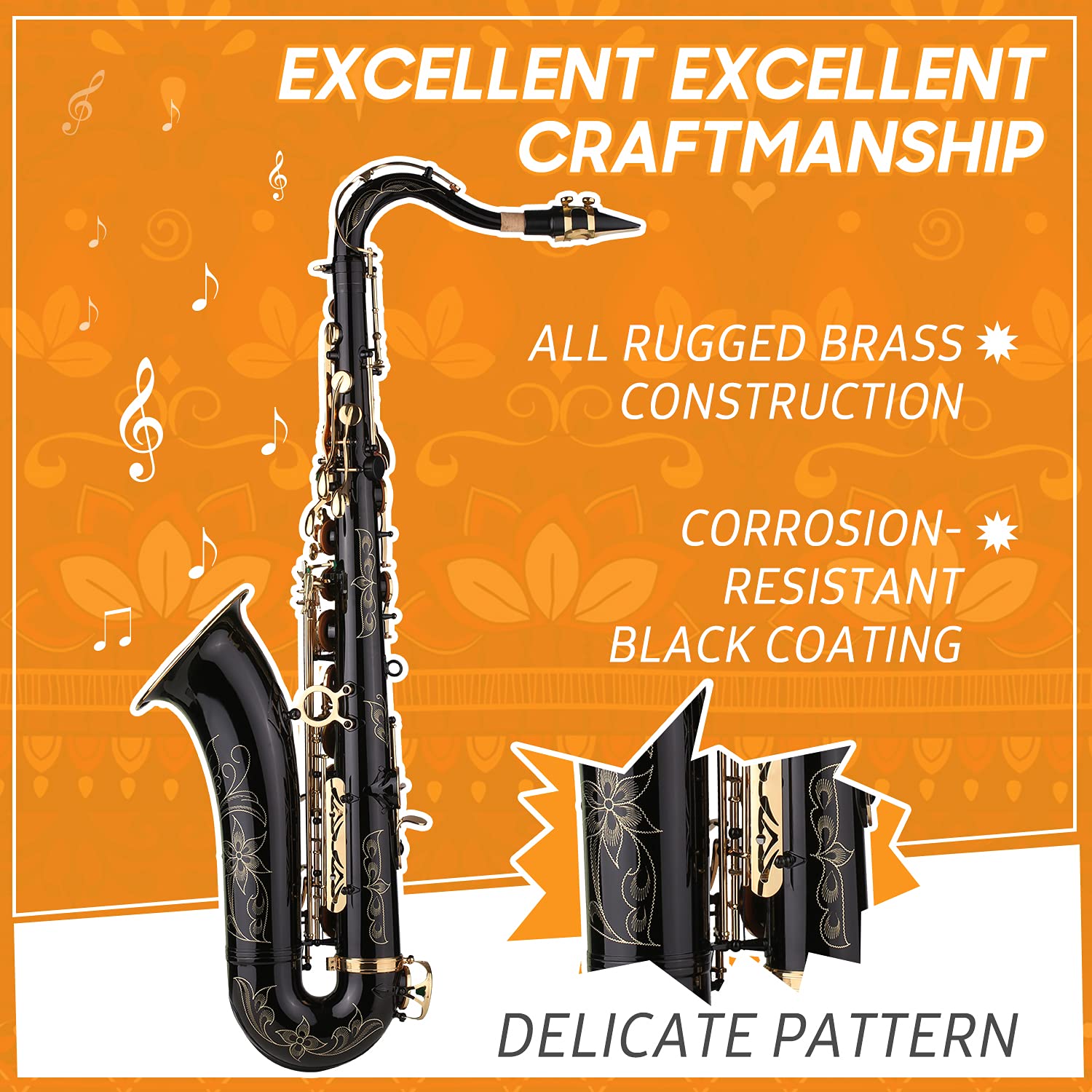 Sassofono tenore in Si bemolle Sax Laccato Nero in Si bemolle con Custodia per Strumento Bocchino Tracolla per Reed Spazzola per Panno per Pulizia per Musicisti Principianti