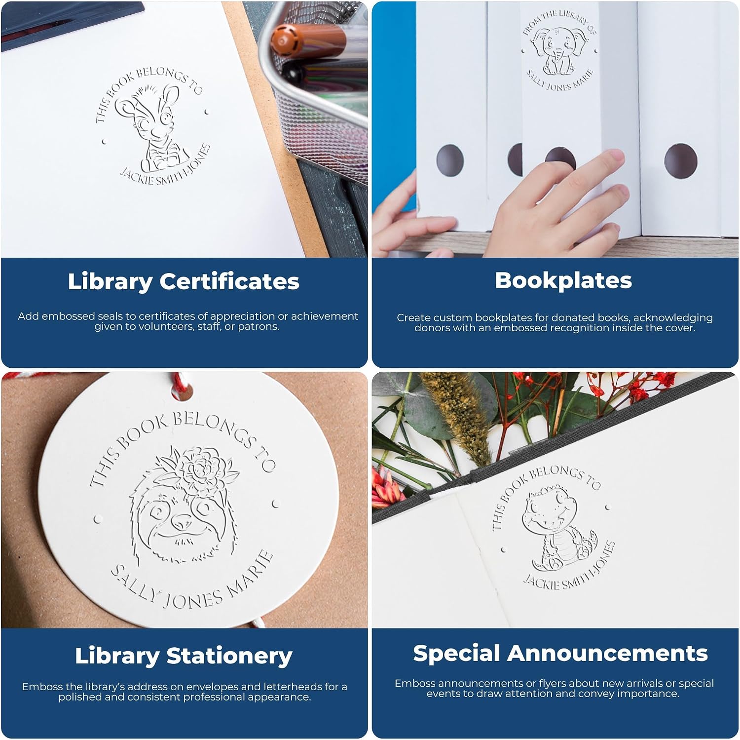 Customized Desk Embosser - Happy Lil Hippo Design, 'from The Library of' Embossing Seal, 'Read It Love It' Seal Press, Ideal for Booklovers, Personalized My Library Embossing Stamp, Round Imprint