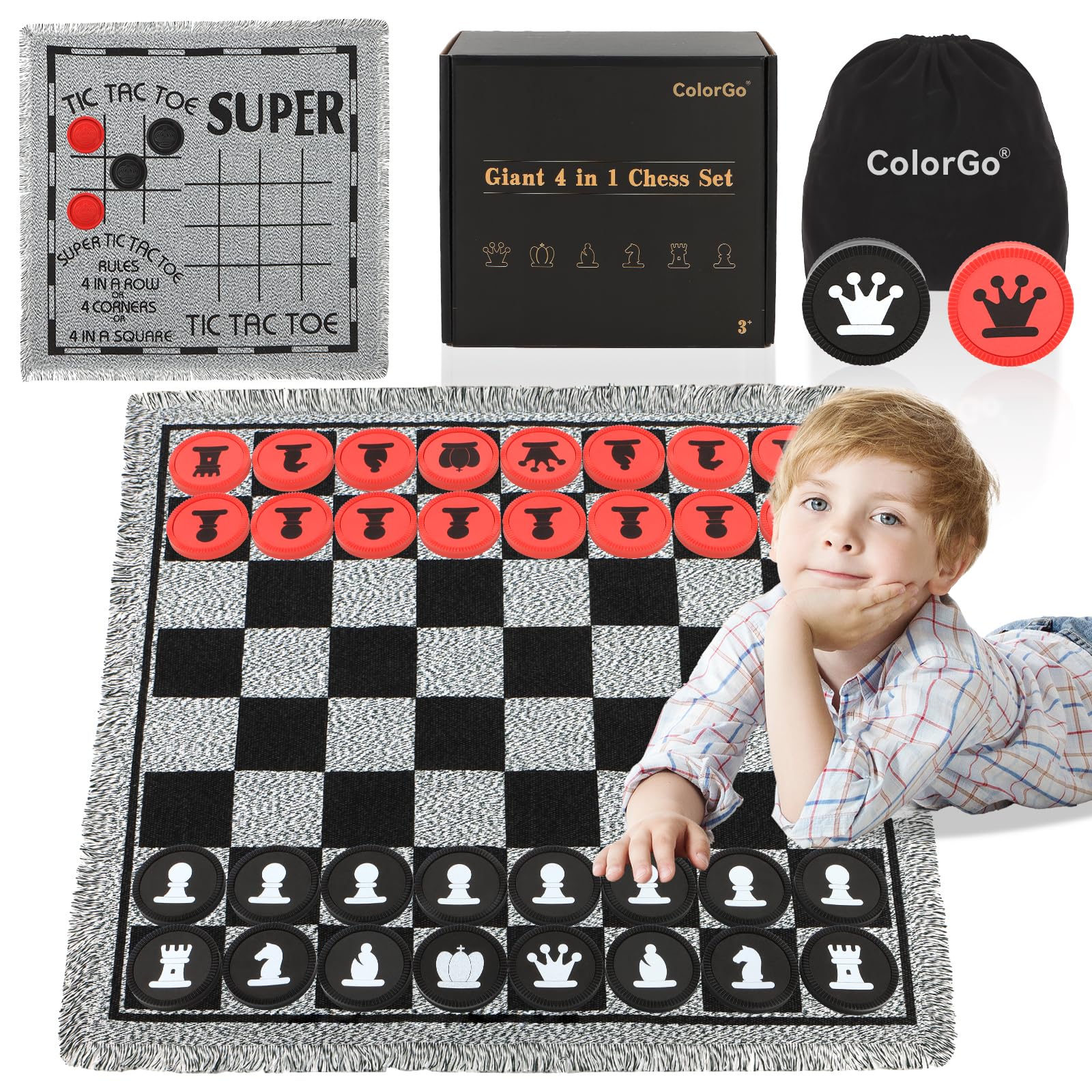 4 in 1 Vintage Giant Chess Game Set, Jumbo Checkers and Large Tic Tac Toe with Reversible Checker Board Game Mat & 34 Chess Pieces, Indoor Outdoor Board Game for Family, Camping, Yard, Lawn