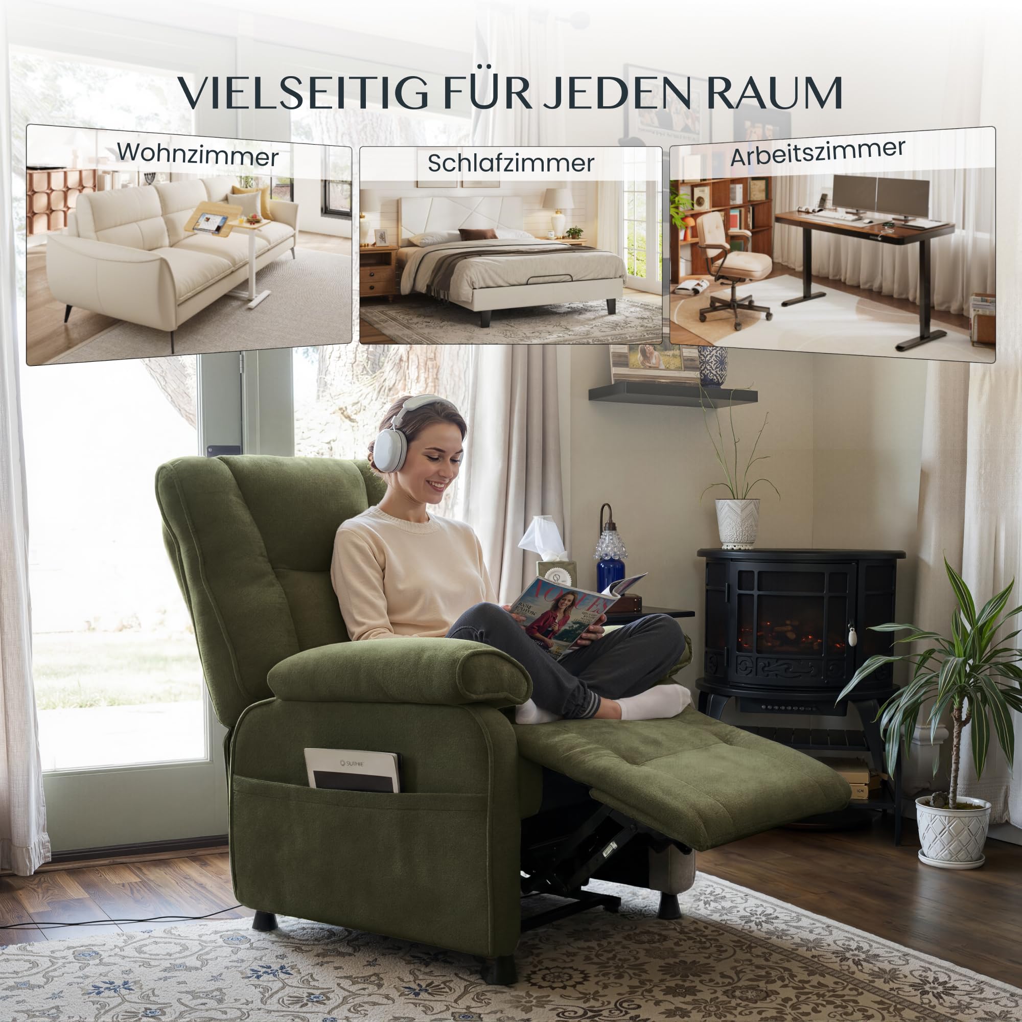 FLEXISPOT Elektrischer Relaxsessel mit Liegefunktion 105°–155°, zusätzliche Schnellbedienung für Aufrichten und Zurückstellen, extra Dicke Polsterung, belastbar bis 150 kg, X3(Grün)