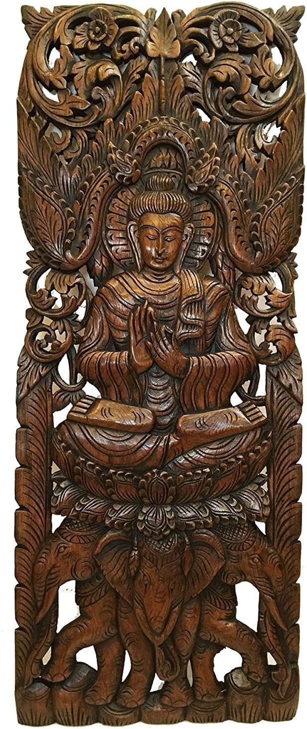 Buddha Thailand Large - Thai Wood Carving Art Wall Home Decor 35.5" x 13.5" inces. #P19