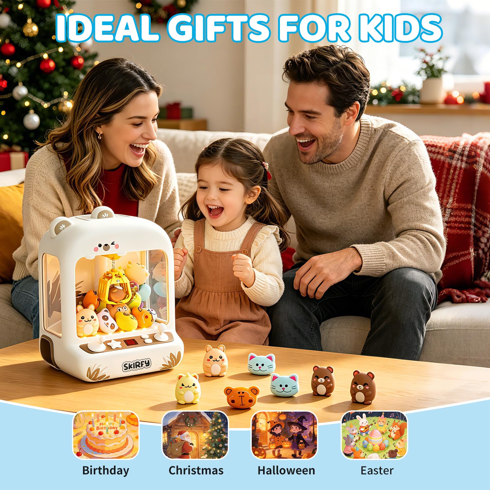 Skirfy Greifautomat Kinder mit LED-Licht, Sound und 30 Mini-Figuren, Elektronischer Süßigkeitenautomat mit Preisausgabe, Arcade Greifmaschine Geschenk Kinder 6–12 Jahre für Weihnachten/Geburtstag