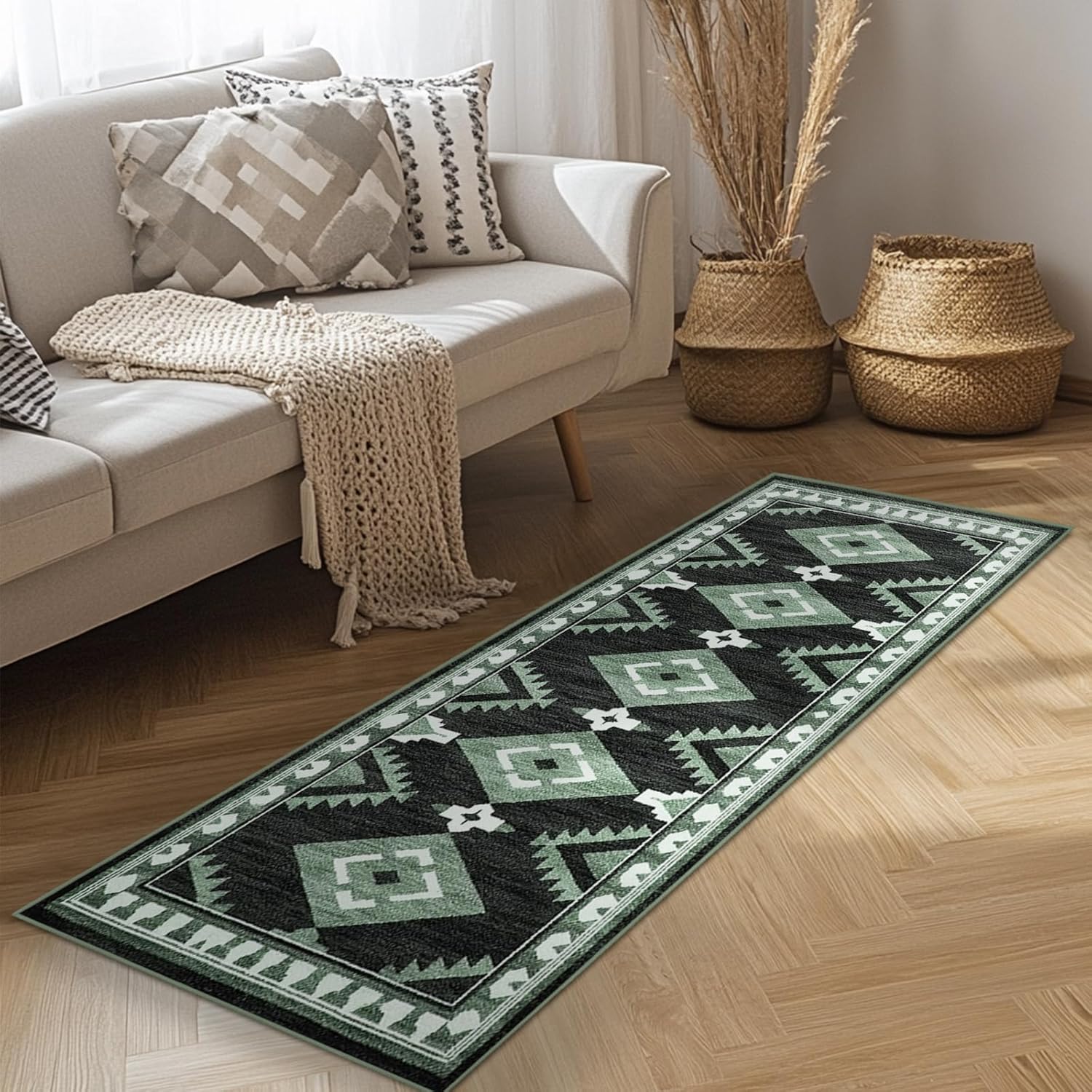 Tijuboni Western Hallway Runner Rug 2x6, Non-Slip Long Runners for Bedroom Kitchen Hall Laundry, Southwestern Area Rugs Washable, Aztec Black-White-Green