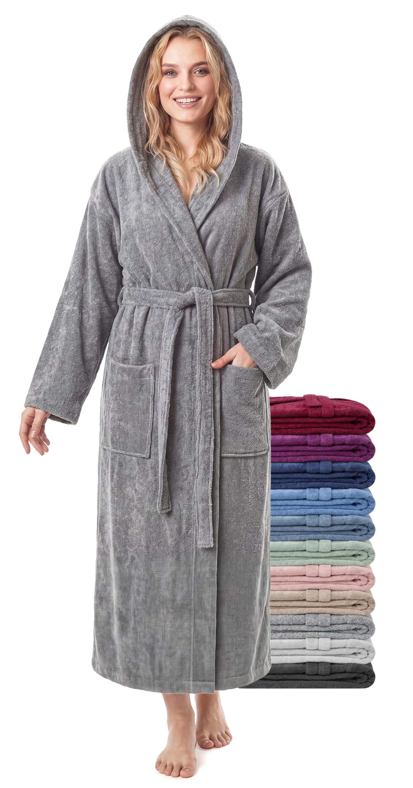 Jazzylab Women's Grey ’S Extra Long Bathrobe With Hood, 100% Cotton Terry 380 Gsm, S-M Long