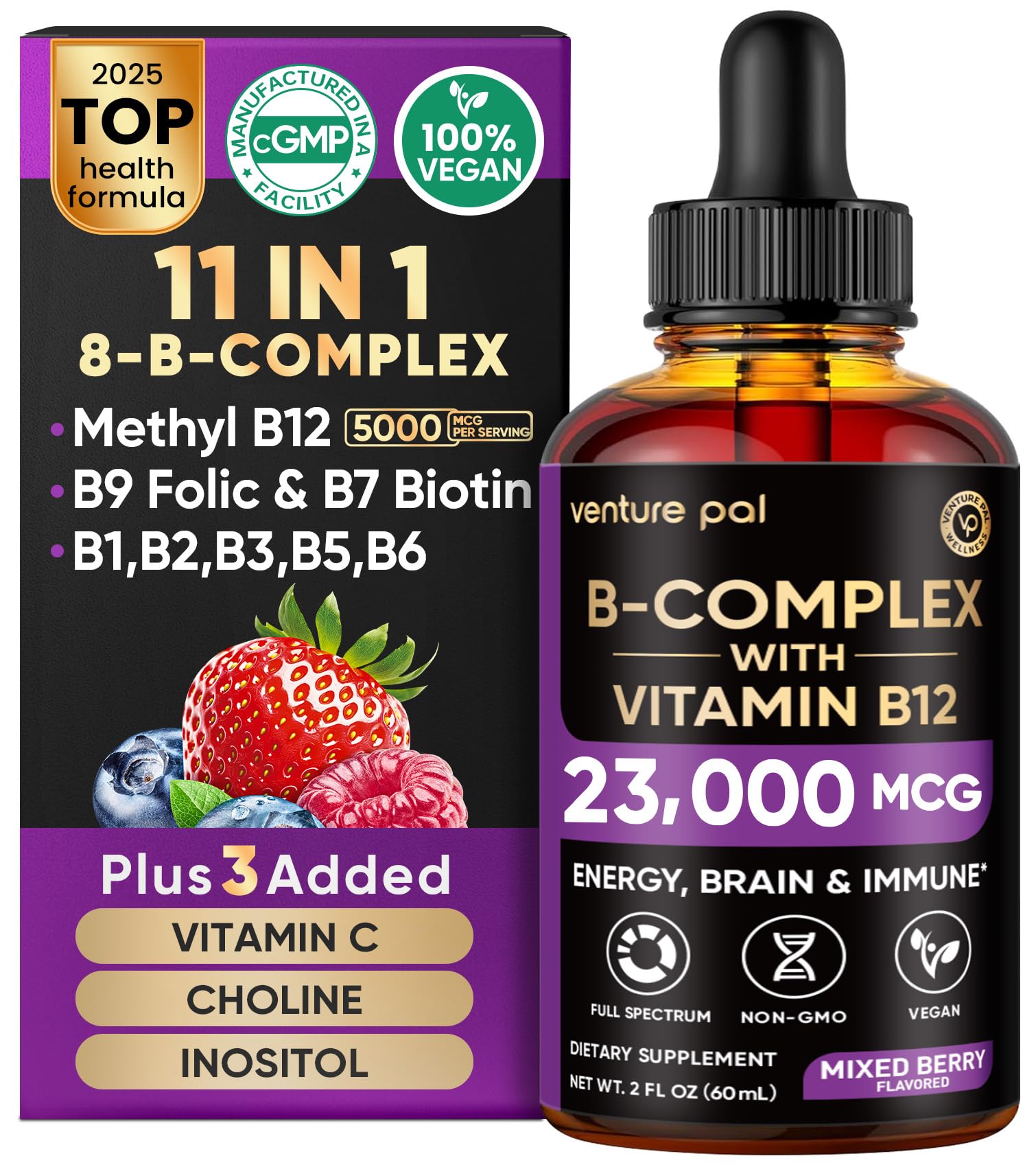 Venture Pal Vitamin B Complex Liquid Drops, B12 Methylcobalamin | B9 Folic | B1,B2,B3,B5,B6,B7 - Vitamin C, Choline, Inositol, Immune & Energy Metabolism, Brain & Heart Support