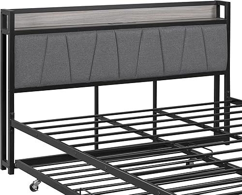 Miniatura 6 de JIVOIT Cama de plataforma tamaño Queen con cama nido tamaño individual, marco de cama de plataforma de metal moderno con cabecera tapizada,