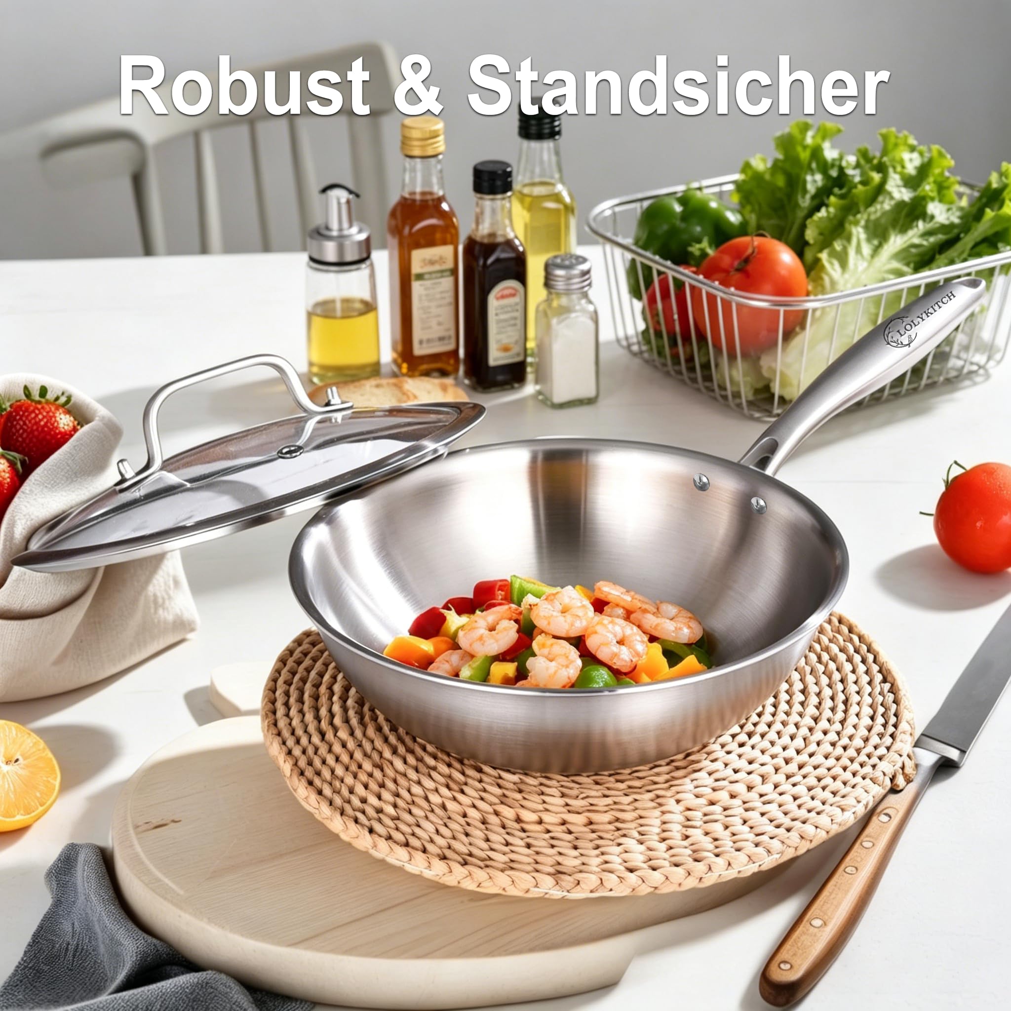 LOLYKITCH Wok 26 cm, unbeschichtete Edelstahl-Wokpfanne mit Glasdeckel