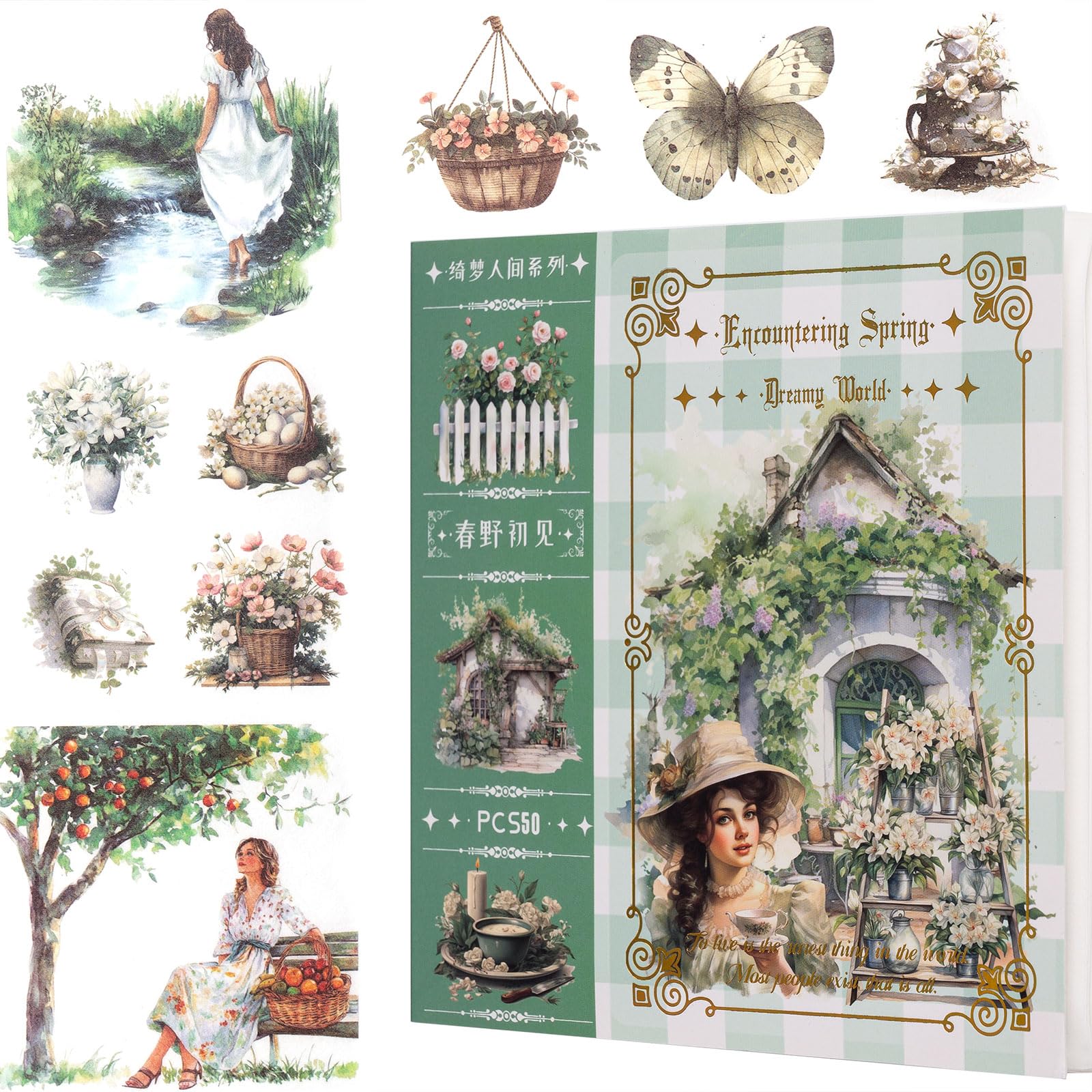 YagCu Garden Journal Stickers, 50 Sheets Washi Junk Journaling Sticker Book, Scrapbook Supplies, Watercolor Scrapbooking for Adults, Green Decorative Ephemera Arts Craft