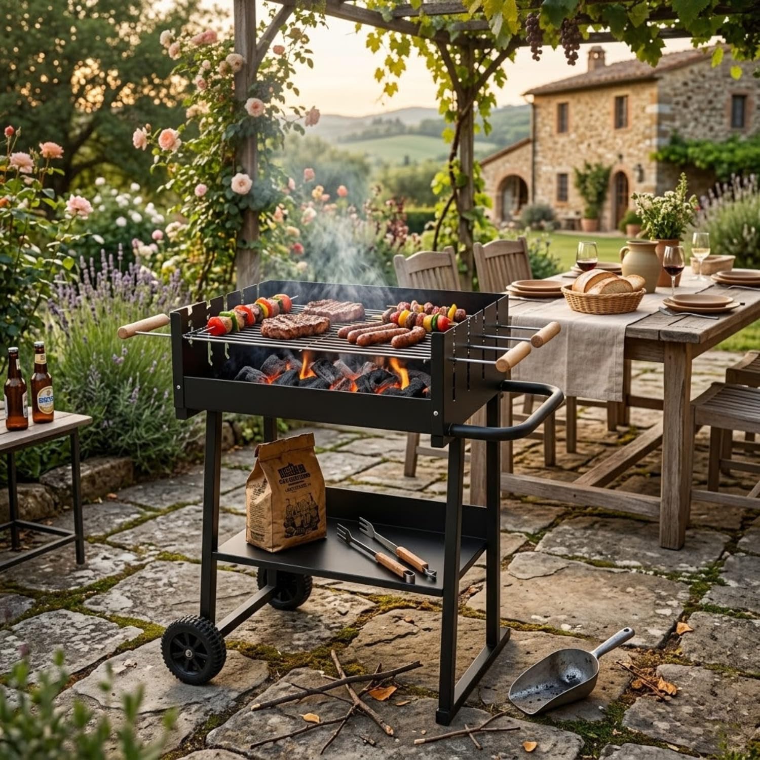 Barbecue A Carbone Con Griglia Regolabile In Altezza Struttura In Acciaio Termoresistente Ripiano Portaoggetti E Ruote Per Giardino Terrazza E Outdoor Cooking 87 x 52 x 90 Cm Nero