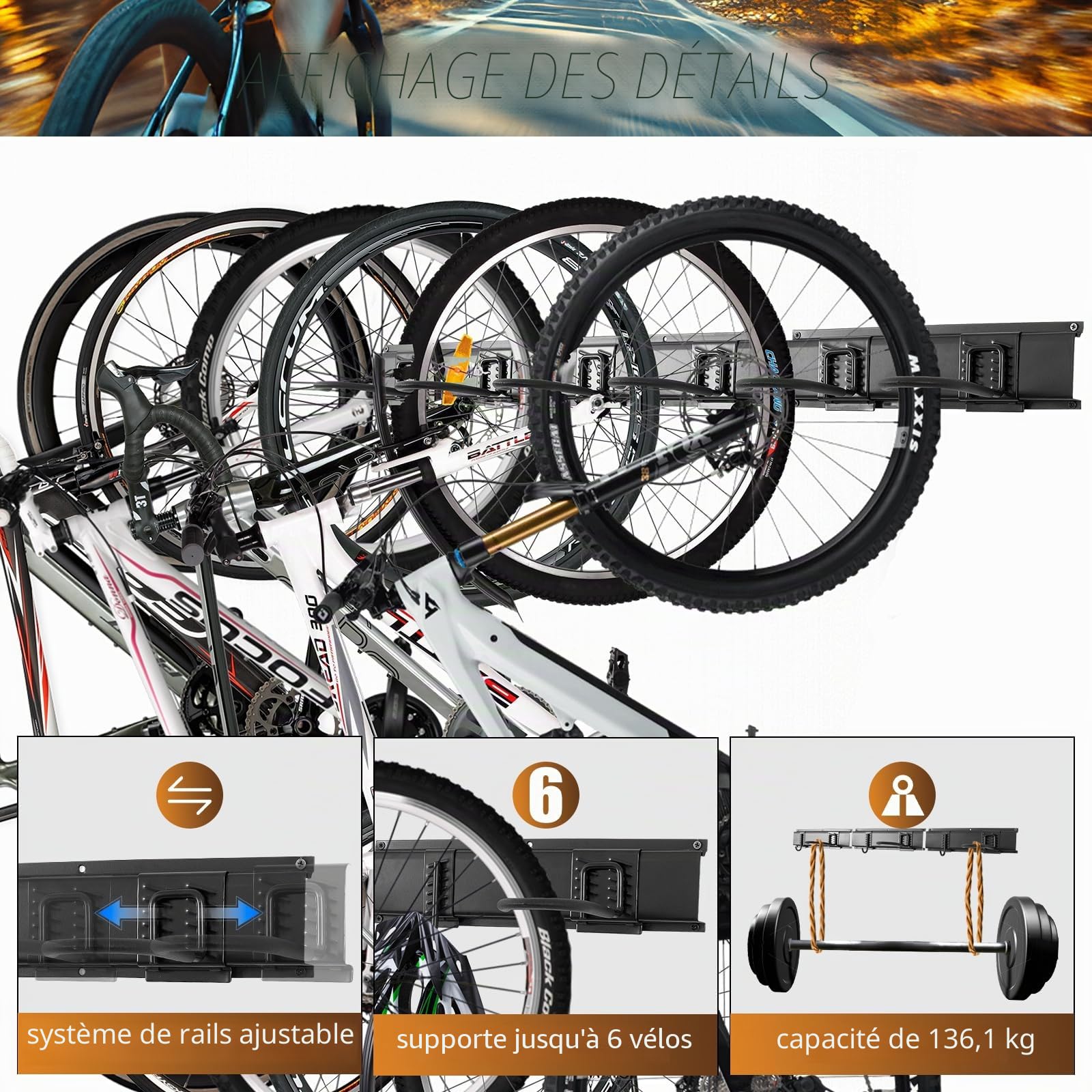 Porte-vélos, support mural pour vélo de garage, 6 porte-vélos et 6 crochets pour casques, capacité maximale 272 kg, 162 cm