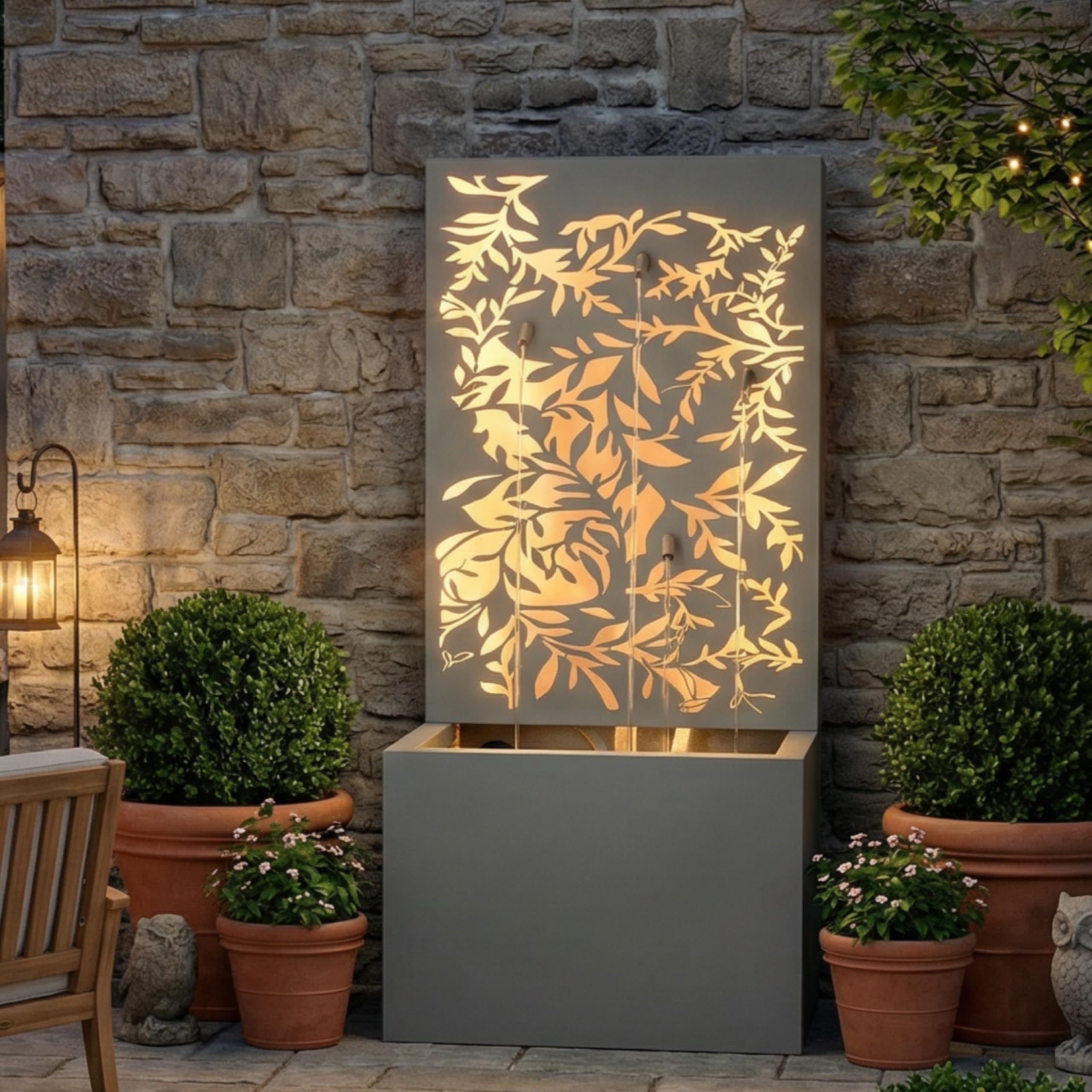 Christopher Knight Home Hange 30.71" H Metal Water Fountain Outdoor with LED Light, Recirculating Pump Outdoor Fountain with Leaf Cutout Water Wall Design, Freestanding Cascading Water, Light Gray