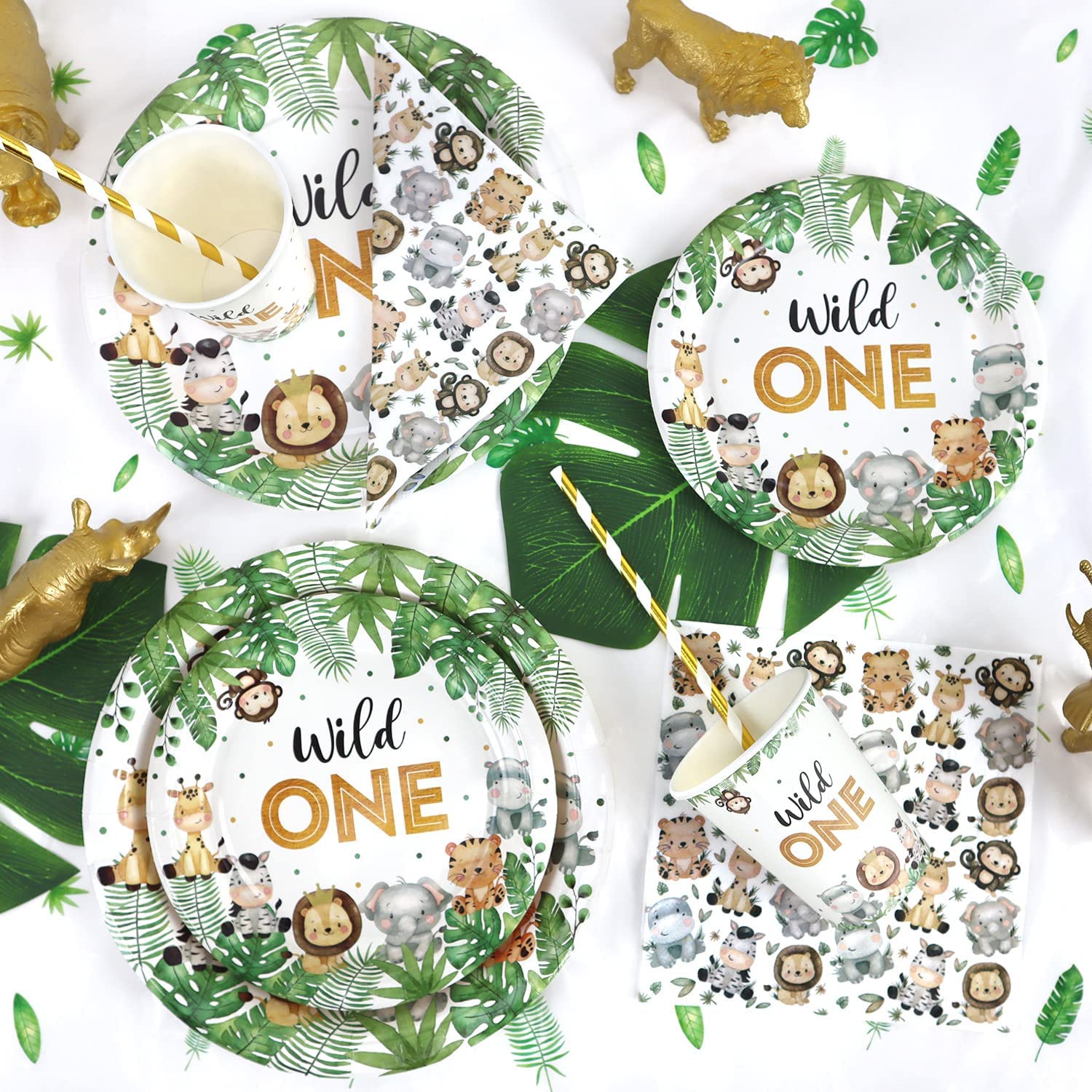 Decorazioni Compleanno 1 Anno Piatti Animali Set per 25 Ospiti, 100 Pezzi Primo Compleanno Bimbo Safari Giungla Stoviglie Wild One Feste Piatti Carta, Tazze e Tovaglioli per Bimbo Ragazzi