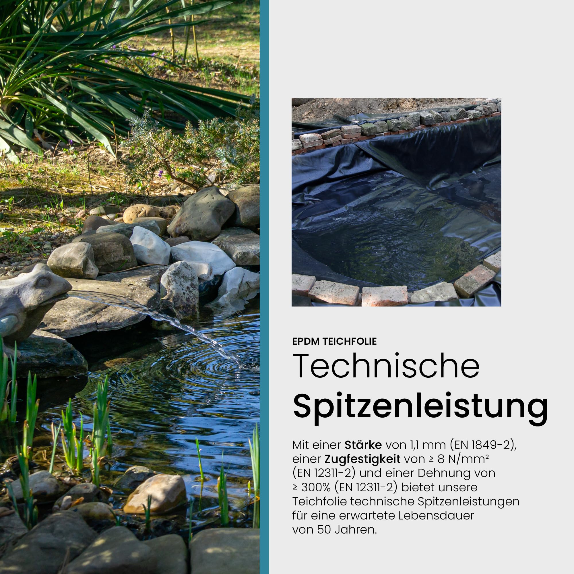 TeichVision - Premium EPDM Teichfolie Stärke 1,1 mm - 1,5 m x 9,5 m/naturgerechte EPDM Folie schwarz - besonders langlebig/auch geeignet als Hochbeet Folie wasserdicht