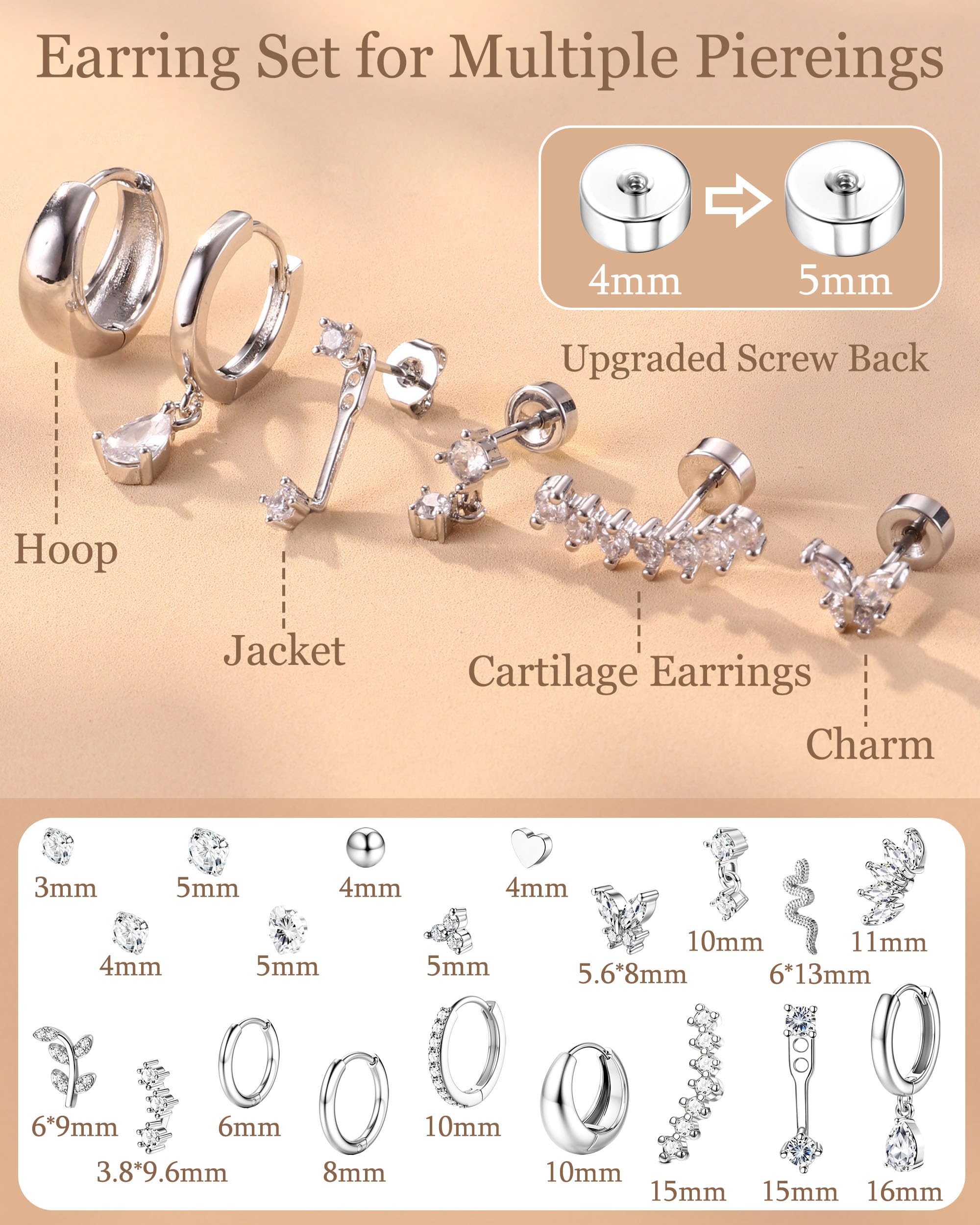 LOLIAS 20 sztuk kolczyków typu helix ze stali chirurgicznej, kolczyki damskie, płaskie, z płaskim zamknięciem, kreolki, kolor złoty, srebrny, conch, helix, tragus, biżuteria do uszu