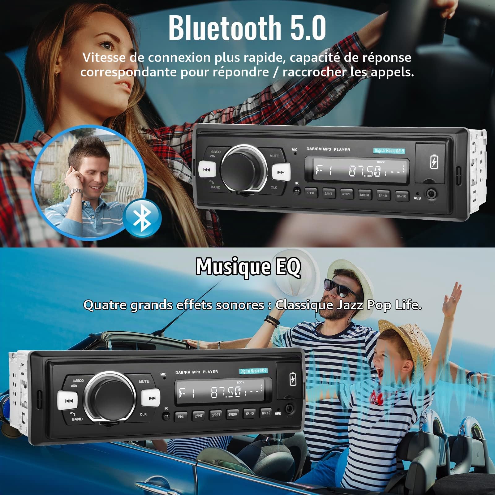 Hodozzy Dab+/Dab Autoradio 1 Din Musique Numérique Audio Stéréo Bluetooth Autoradio 12V Lecteur MP3 avec USB/TF/SD/AUX/EQ/FM Radio/SWC