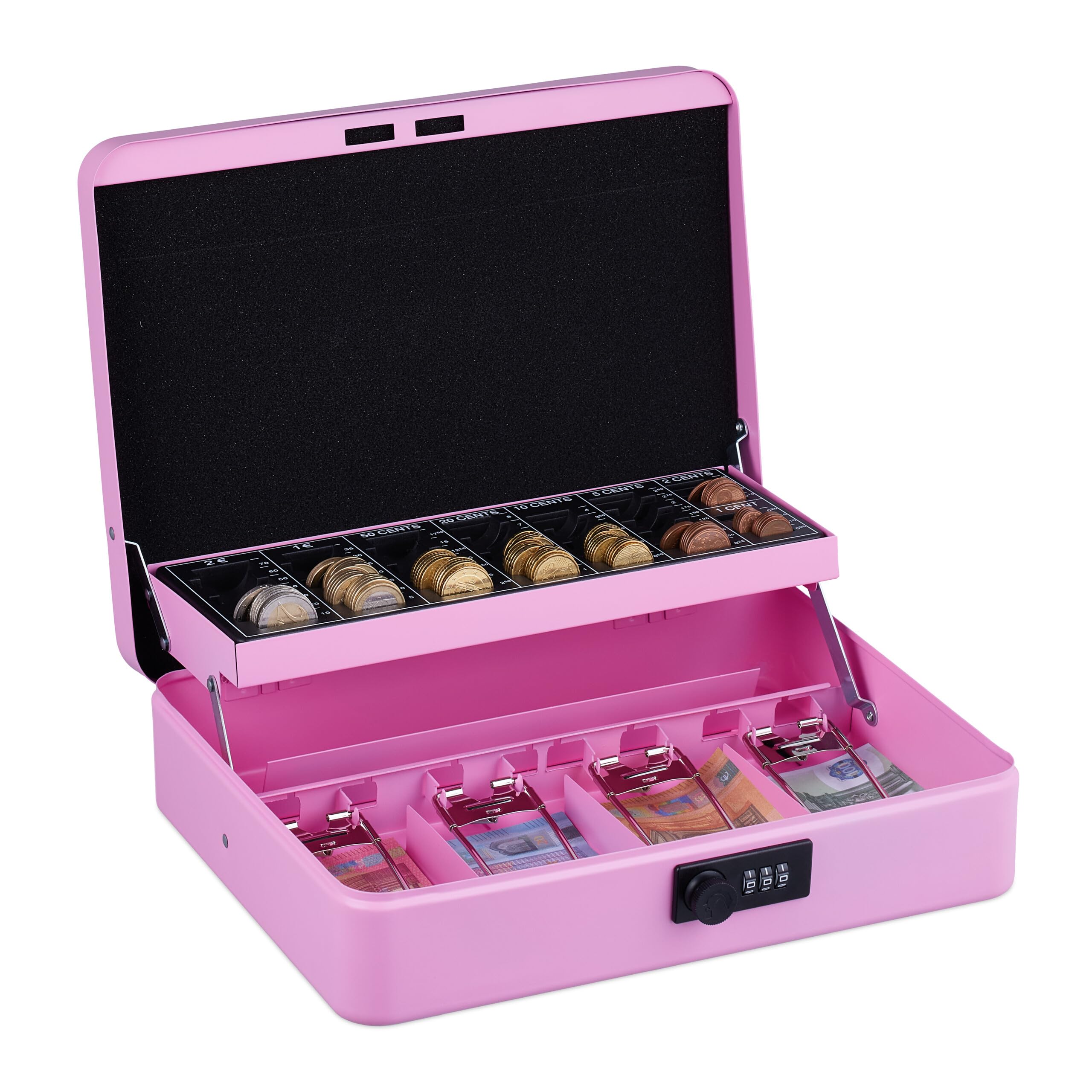 Relaxdays Cash box, 3-digit combination, coin insert, iron money box, H x W x D: 8.5 x 30.5 x 25 cm, pink