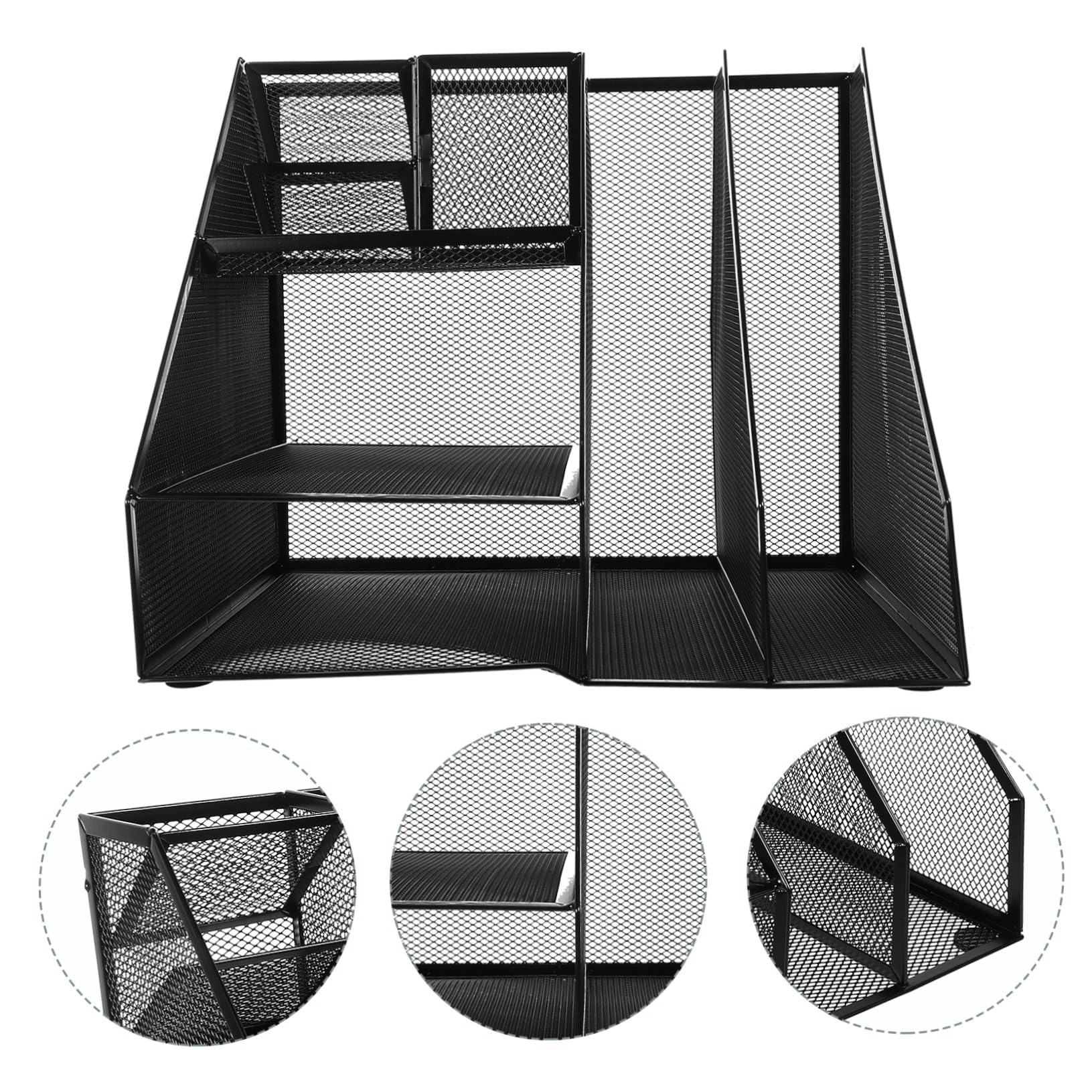 Organizer da Scrivania in Rete di Metallo con Scaffale Porta Documenti e Porta Penne Laterale Sinistro Scaffale Ufficio in Ferro Nero Scomparti per Organizzazione File e Materiale