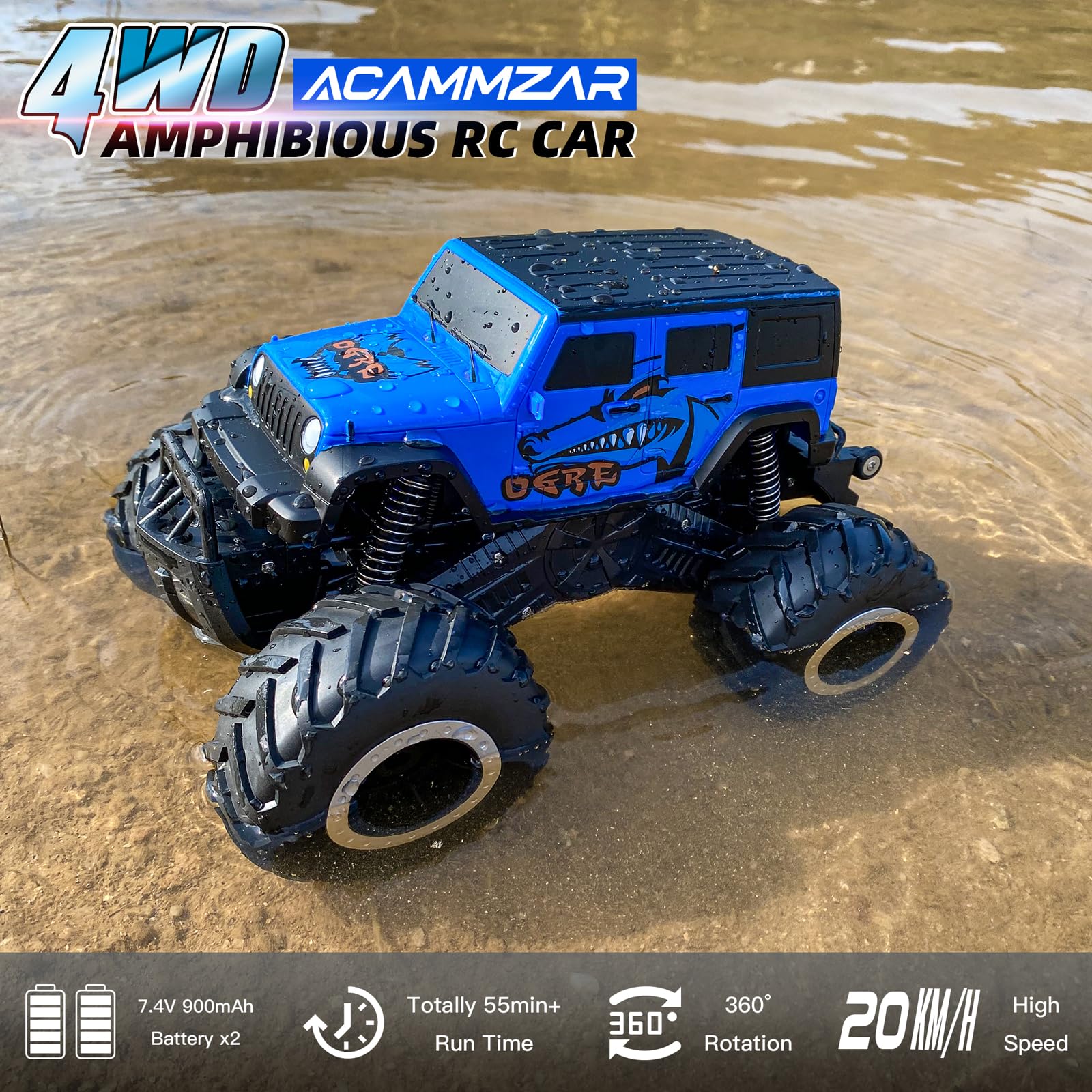 ACAMMZAR Amphibisches Ferngesteuertes Auto für Kinder, 2.4GHz 4WD 360° Drehung Wasserdichtes Monster Truck für Jungen All Terrain Off-Road RC Auto mit 2 Batterien 4 5 6 7 8 9 Jungen Mädchen, Blau