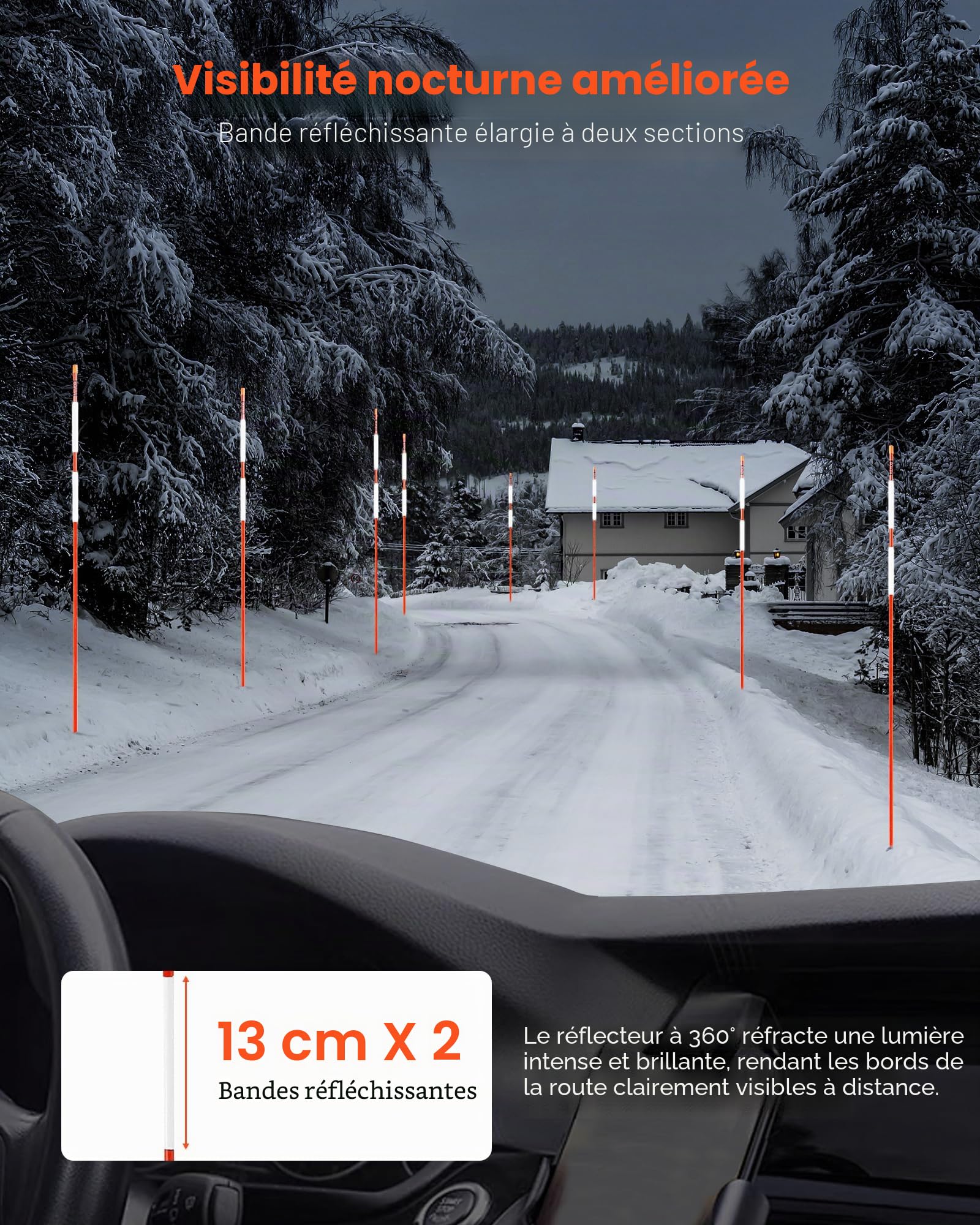 VEVOR Marqueurs d'Allée Lot de 100 Piquets à Neige 10x1829 mm Fibre de Verre Réflecteurs Grande Visibilité Bande Réfléchissante, avec Foret en Acier 30 cm, Gants de Protection, pour Parkings, Allées