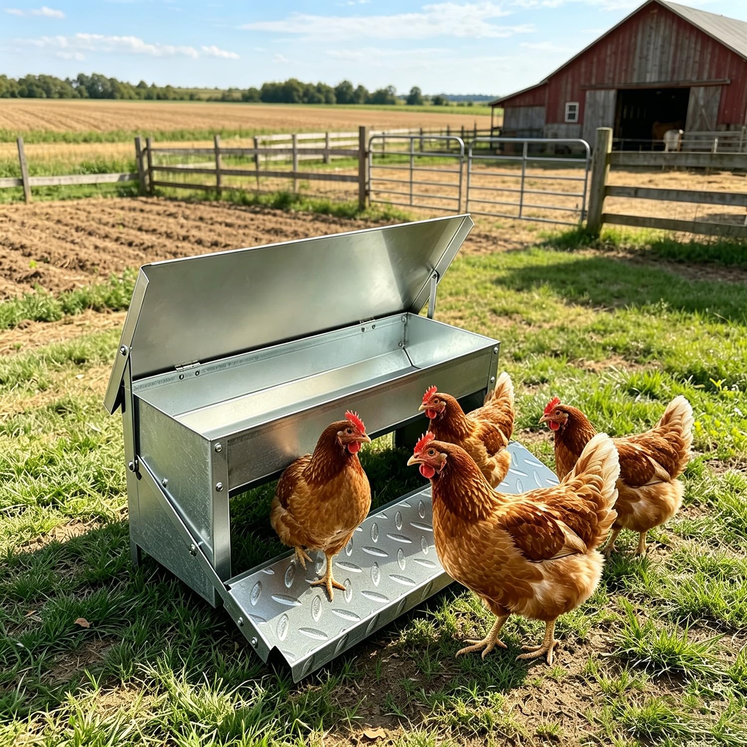Comedero Automático Grande para Gallinas Bebedero con Pedal para Gallinas Comedero para Ganado De Exterior De Acero Inoxidable De Gran Espesor para Gallinas, Patos Y Gansos