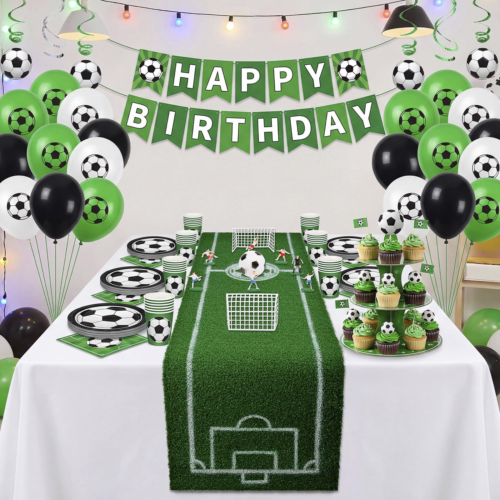 Sport Fußball Tischläufer Kunstrasen Tischdecke - 40 x 183 cm Tischläufer mit Mini Fußballmannschaft und Fussball, Grün Drinnen Draußen Tischdecken Tischdeko für Fußballparty Geburtstag Gartenparty