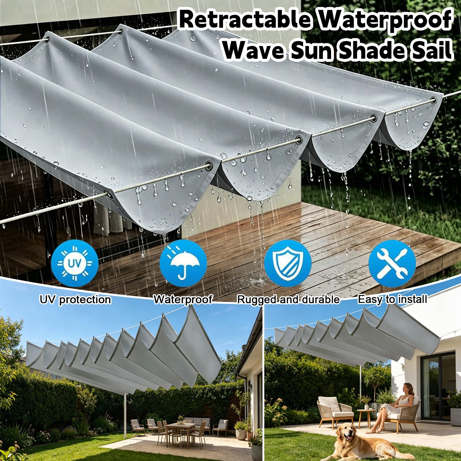 Einziehbares Sonnensegel 140 x 300 cm Pergola, Wasserabweisend Einziehbar Welle Überdachung, Uv-Schutz 50+, Wetterfest, Sonnenschutz für Garten Pergola Balkon Terrasse, Hellgrau