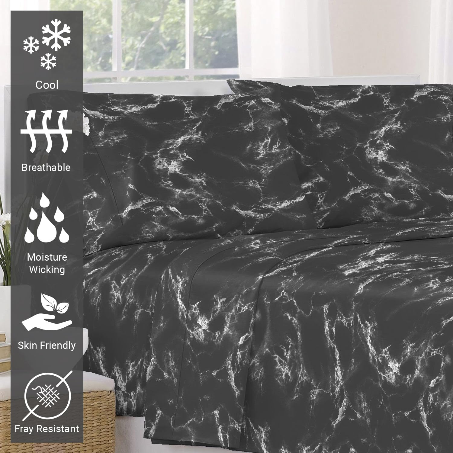 Pizuna Cotton Marble Black Print Flat Sheet Double 1 Pc, 400 Thread Count 100% Long Staple Cotton Flat Bed Sheets 230x280 - Image 2