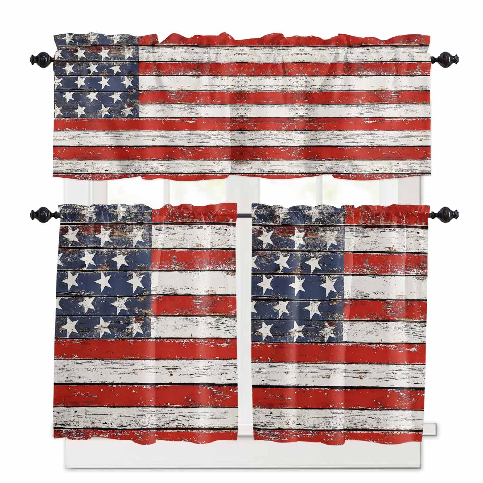 American Flag Kitchen Curtains 24 Inch Length,3 Piece Rod Pocket Small Half Tiers and Valance Set,Red Blue Star Stripes Rustic Farmhouse Wood Small Large Window Treatment Decor for Bedroom/Bathroom