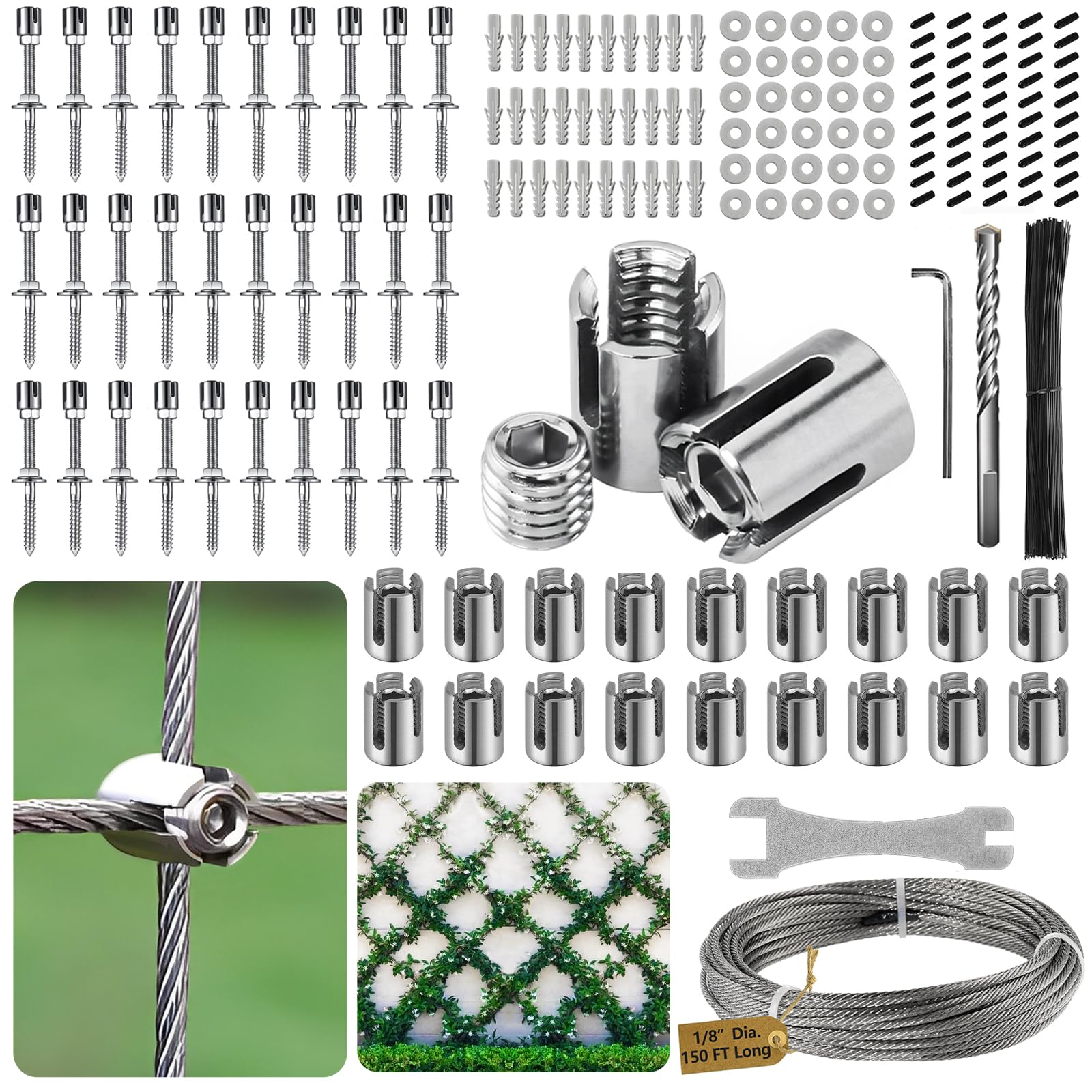20Pcs Invisible Cross Cable Clamp + 30Pcs Cross Head Standoffs + 150ft Stainless Steel Wire Ropes | Acemaker Wire Trellis for Climbing Plants Outdoor