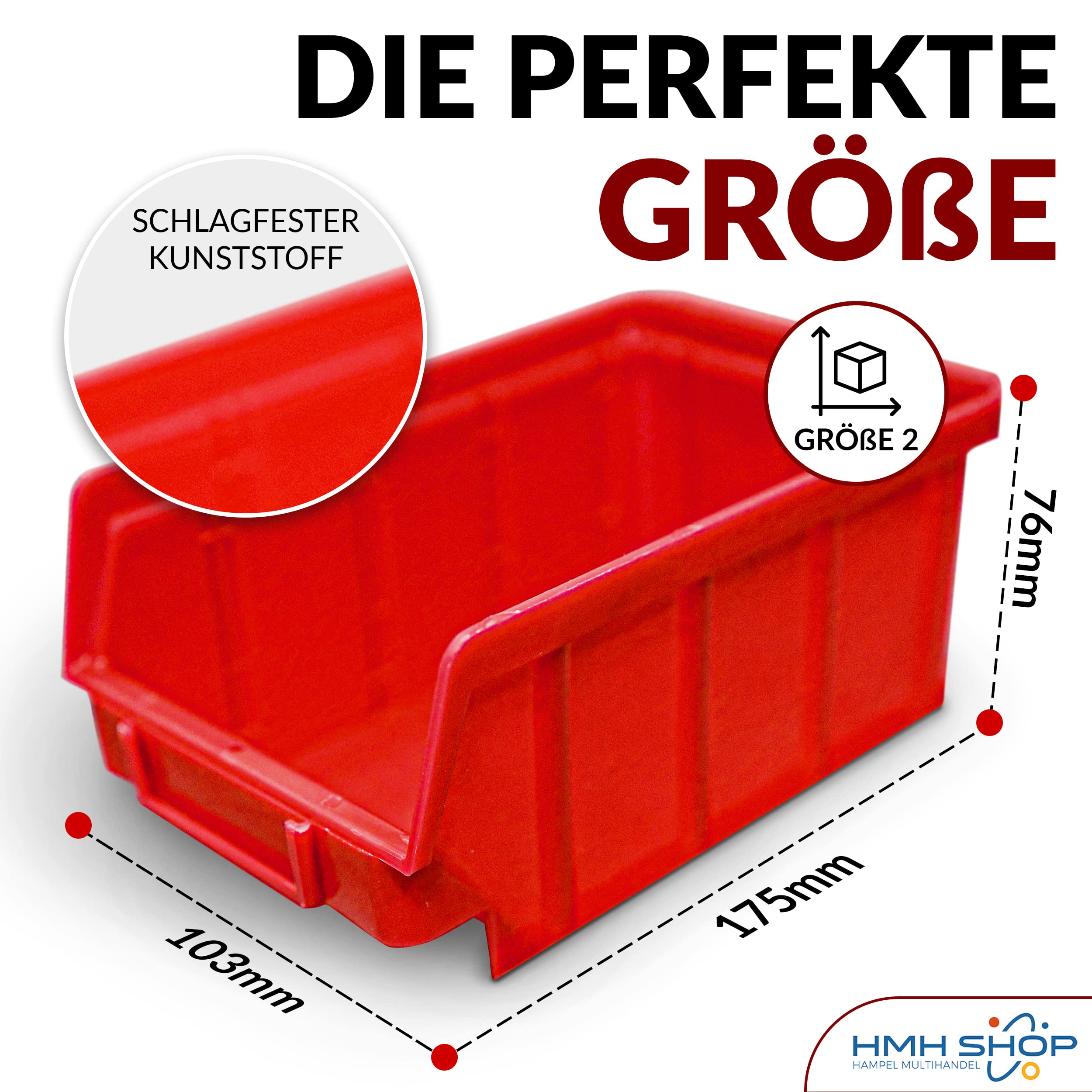 HMH 80x Stapelboxen Rot Größe 2 für Werkstatt Garage Sichtlagerboxen (LxBxH) 175x103x76mm Lagerboxen rote Sichtlagerkästen zur Kleinteile Aufbewahrung Stapelbox PP